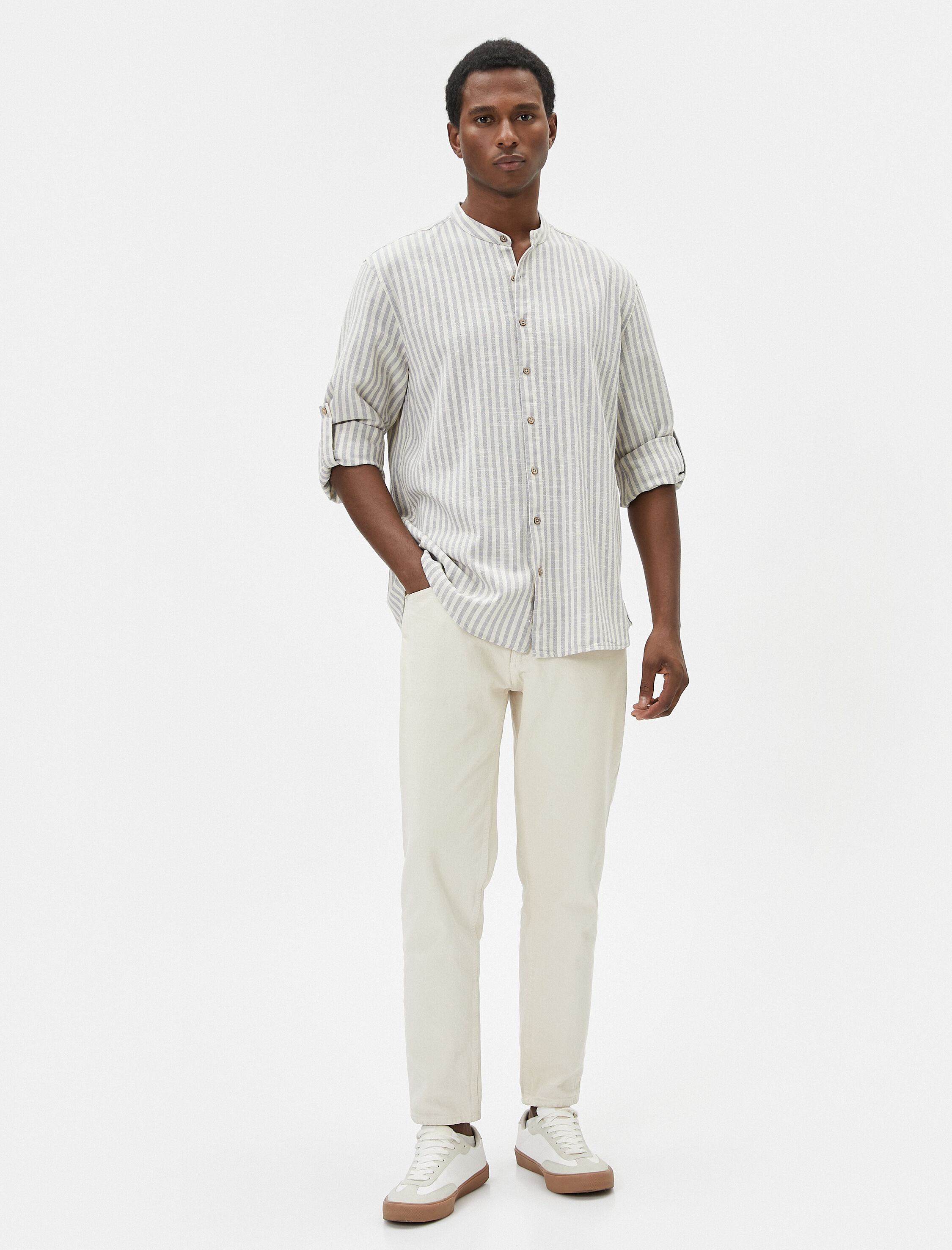 Hakim Yaka Gömlek Düğmeli Kıvrılabilir Kol Detaylı Pamuklu Regular Fit