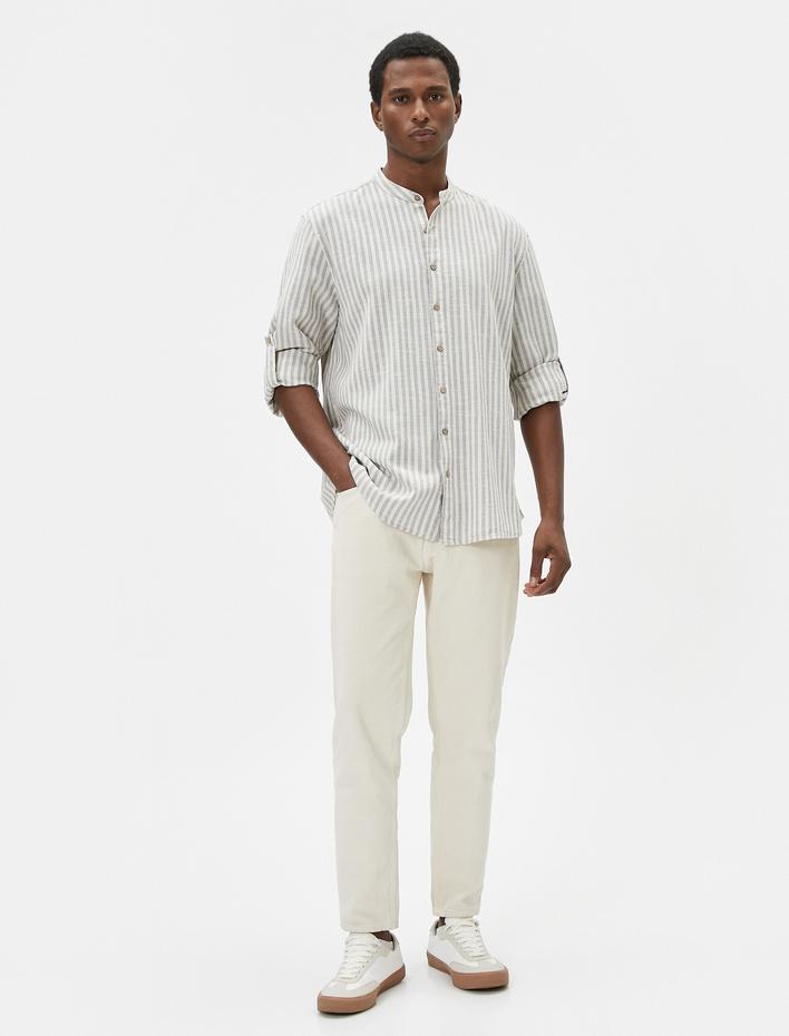  Hakim Yaka Gömlek Düğmeli Kıvrılabilir Kol Detaylı Pamuklu Regular Fit