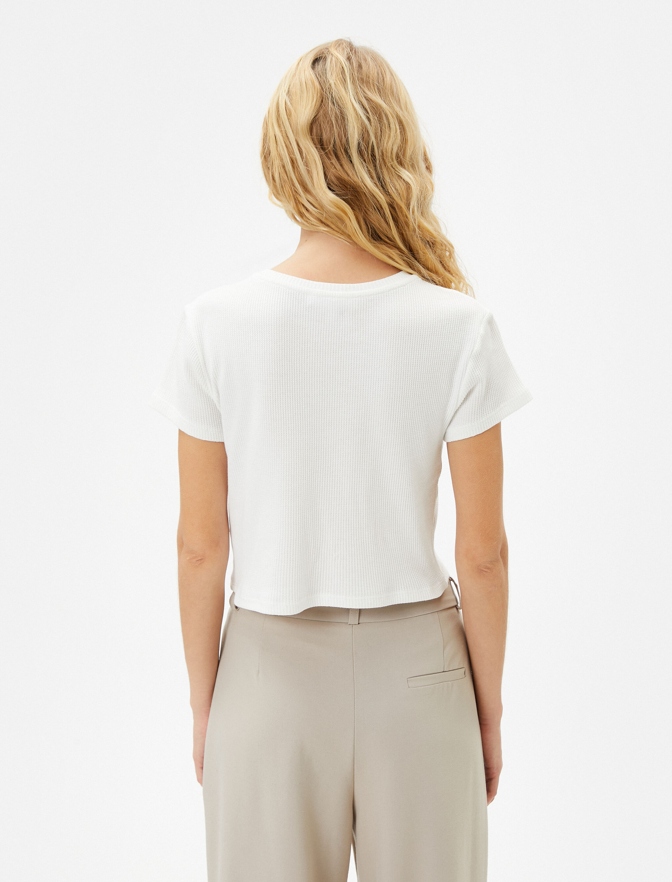   Kedi Baskılı Crop Tişört Kısa Kollu Bisiklet Yaka Slim Fit Ribanalı Pamuklu