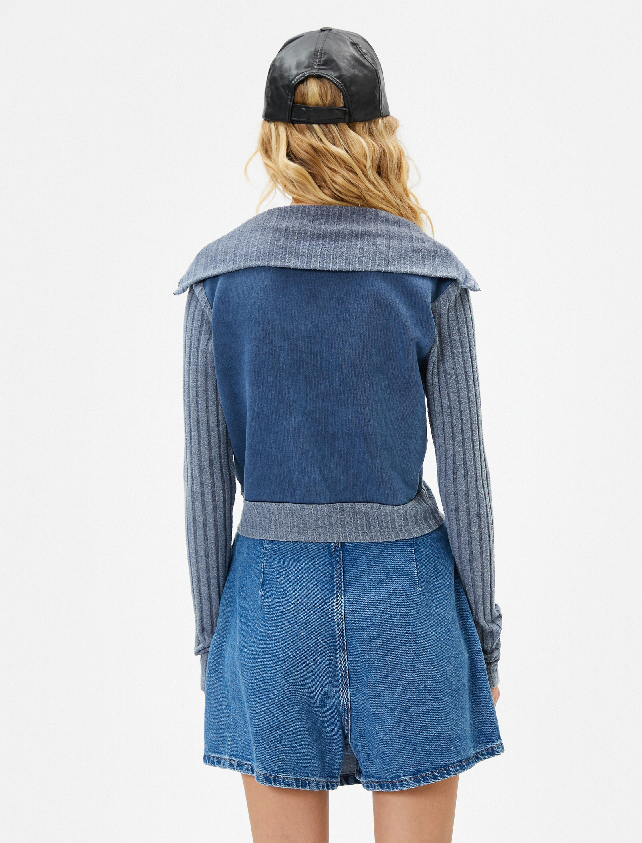   Şardonlu Fermuarlı Sweatshirt Çift Kumaş Kullanımlı Soluk Efektli Dik Yaka Pamuklu