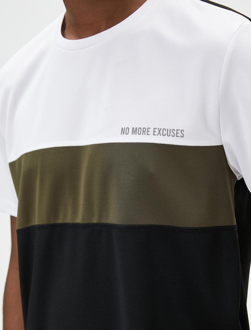   Spor Tişört Slogan Baskılı Renk Bloklu Bisiklet Yaka