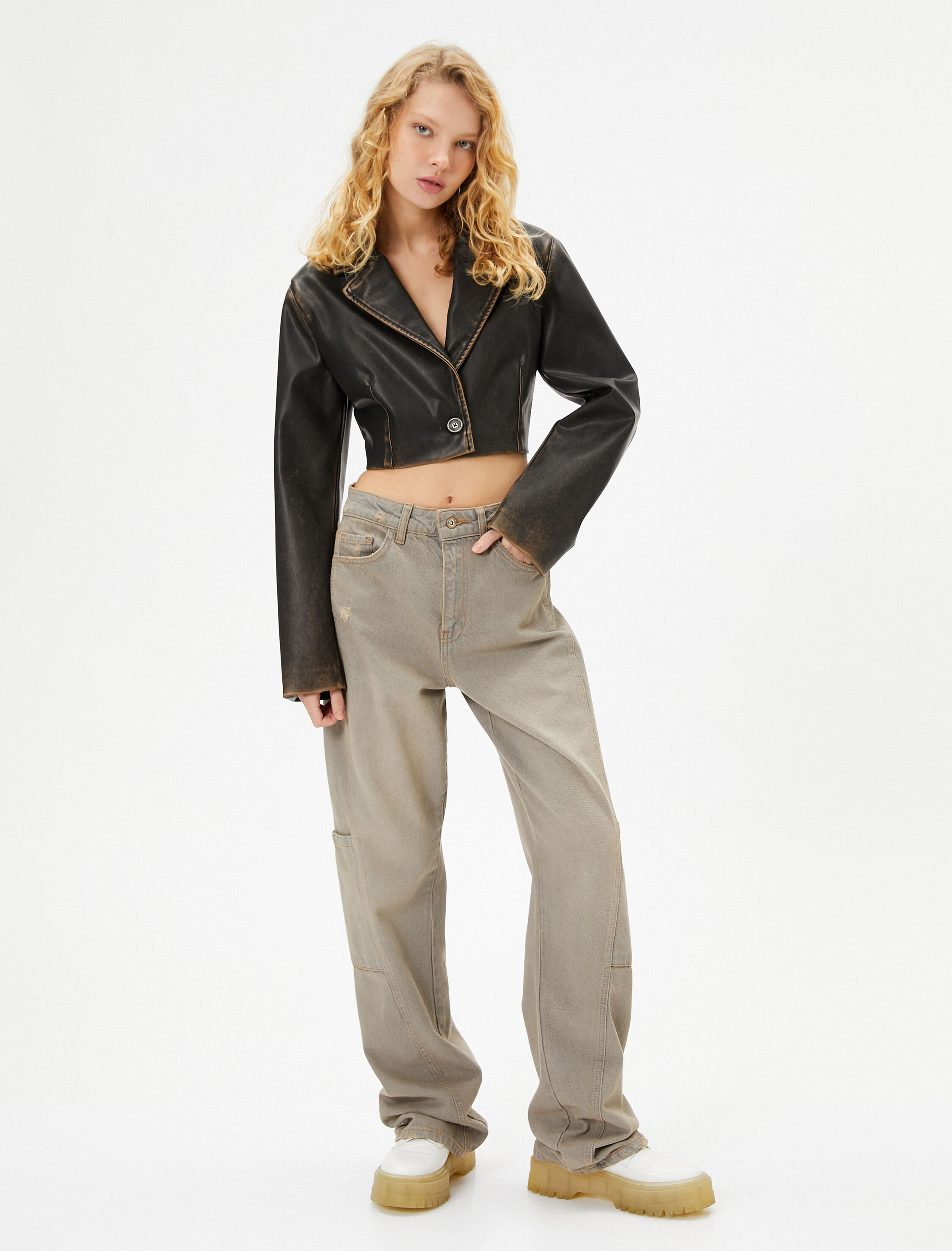   Crop Suni Deri Ceket Eskitilmiş Görünümlü Ters Kruvaze Yaka Uzun Kollu