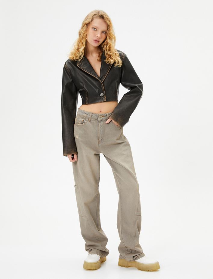  Crop Suni Deri Ceket Eskitilmiş Görünümlü Ters Kruvaze Yaka Uzun Kollu