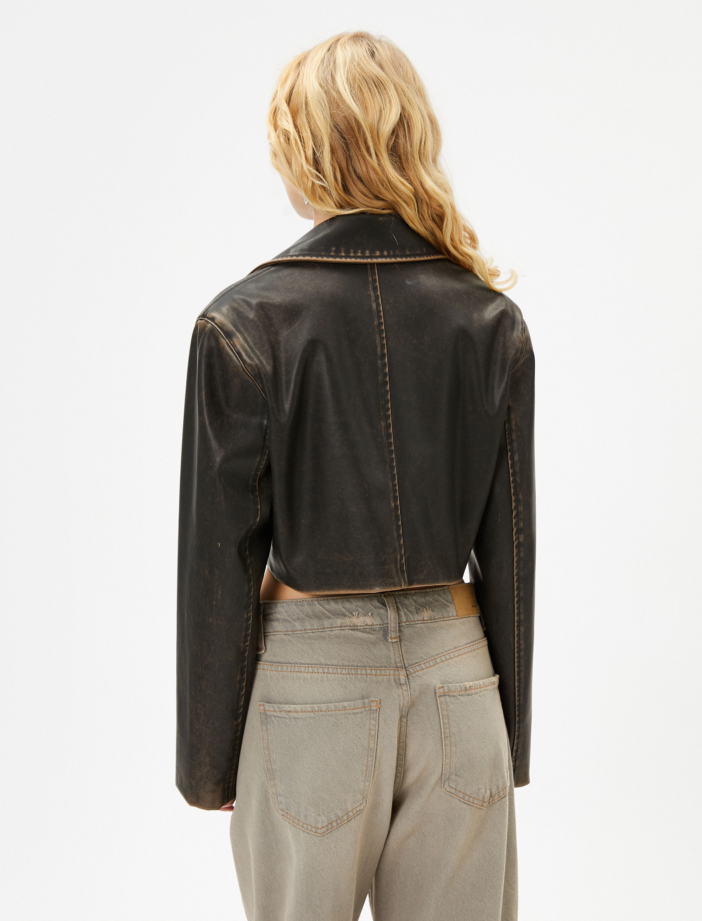   Crop Suni Deri Ceket Eskitilmiş Görünümlü Ters Kruvaze Yaka Uzun Kollu