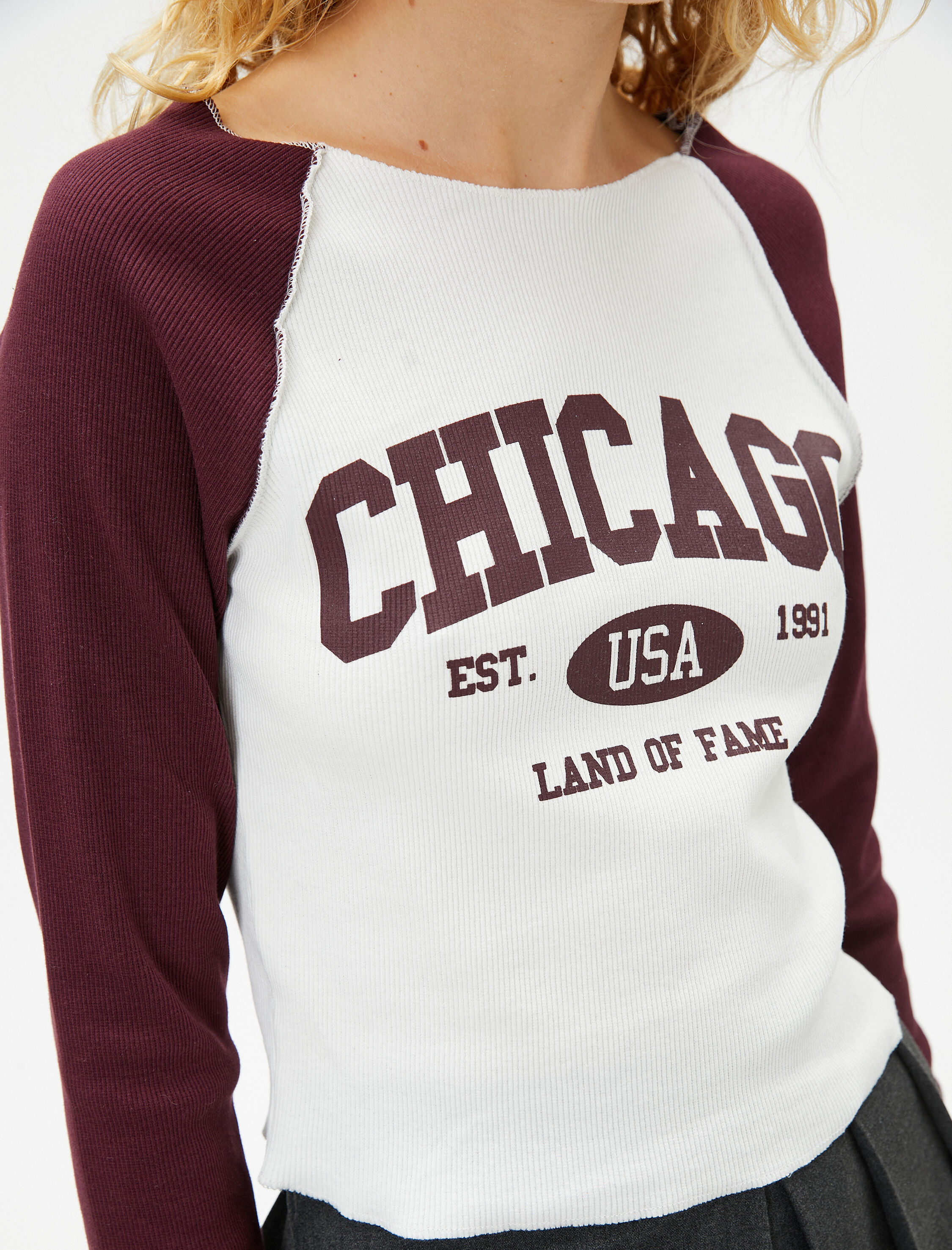   Kolej Uzun Kollu Tişört Uzun Kollu Yuvarlak Yaka Renk Bloklu Pamuklu Baskılı