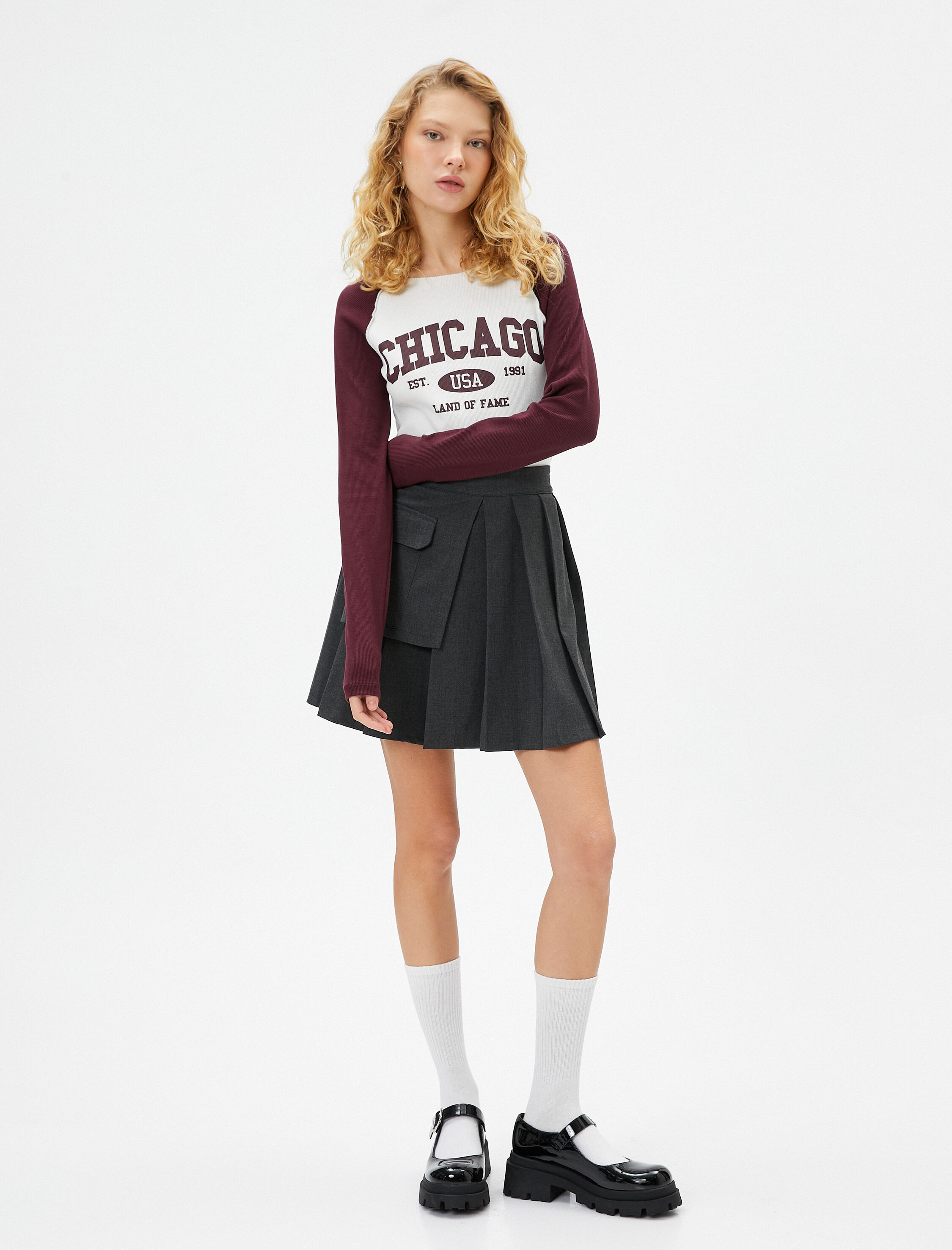   Kolej Uzun Kollu Tişört Uzun Kollu Yuvarlak Yaka Renk Bloklu Pamuklu Baskılı