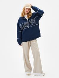 Şardonlu Yarım Fermuarlı Sweatshirt Rahat Kalıp Kolej Temalı Baskılı  Pamuk Karışımlı