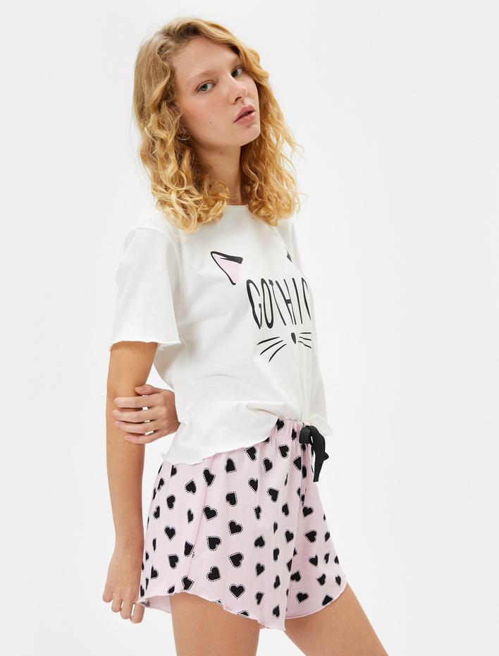 Kedili Pijama Takımı Kısa Kollu Şortlu