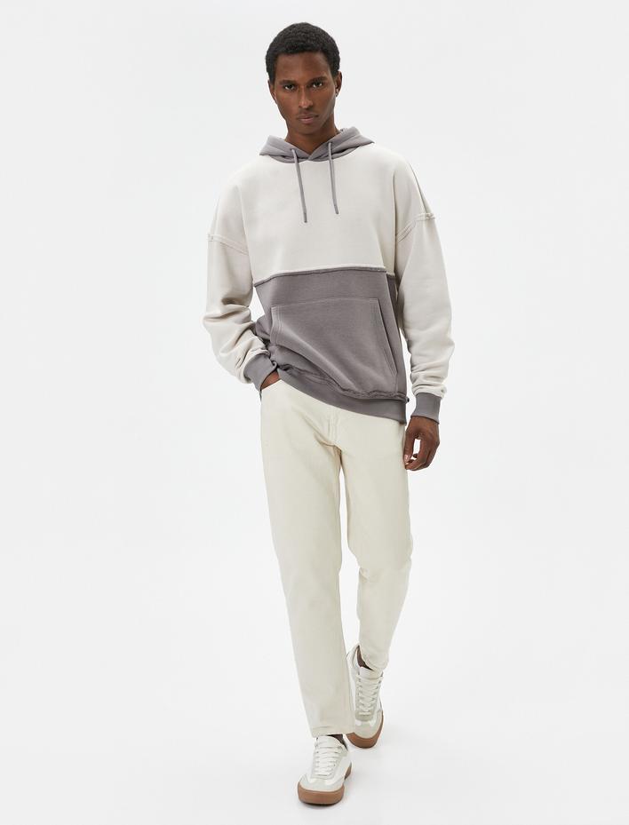  Oversize Kapşonlu Sweatshirt Dikiş Detaylı Kanguru Cepli Renk Bloklu Şardonlu