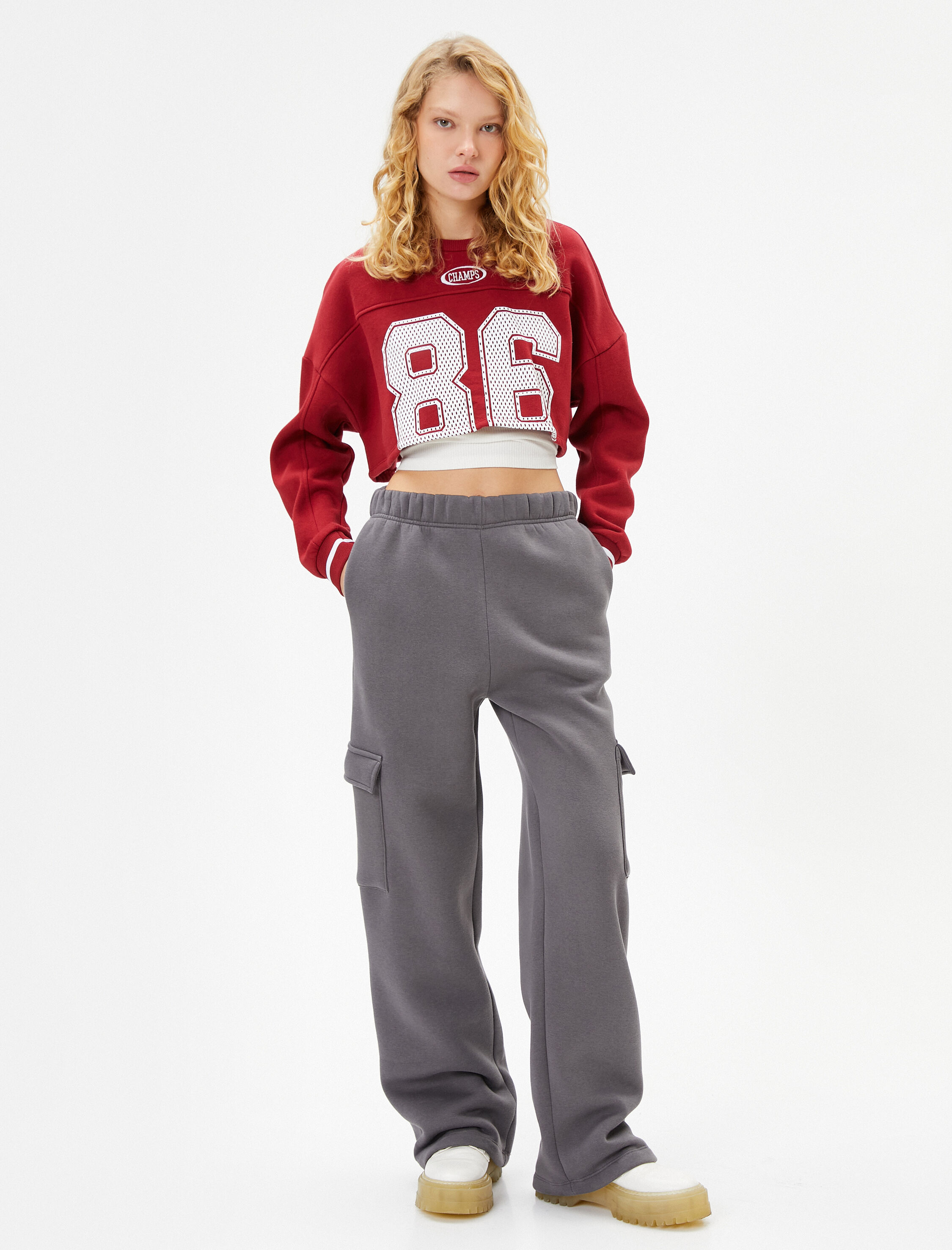   Kargo Eşofman Altı Yüksek Bel Cepli Beli Lastikli Pamuk Karışımlı