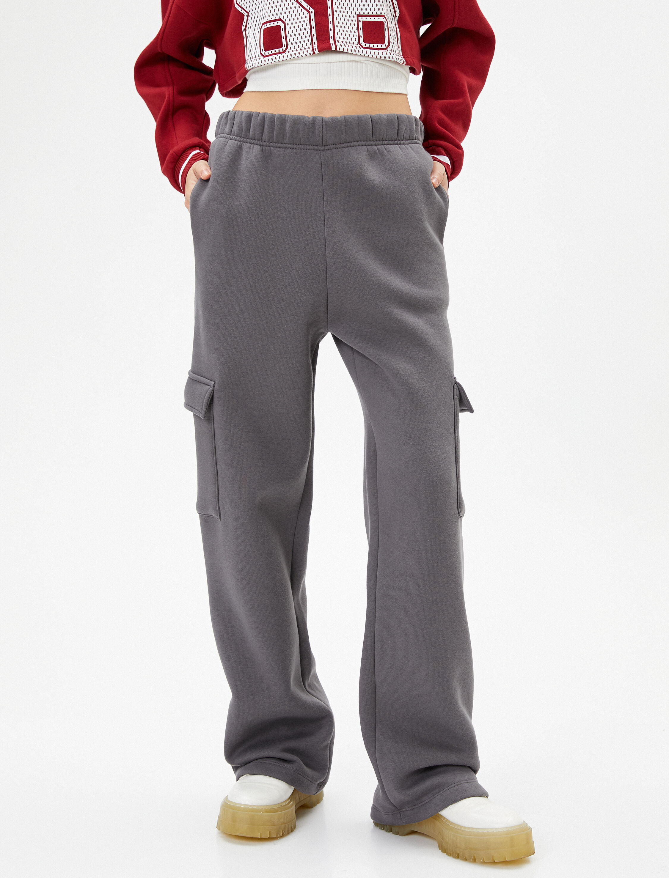   Kargo Eşofman Altı Yüksek Bel Cepli Beli Lastikli Pamuk Karışımlı