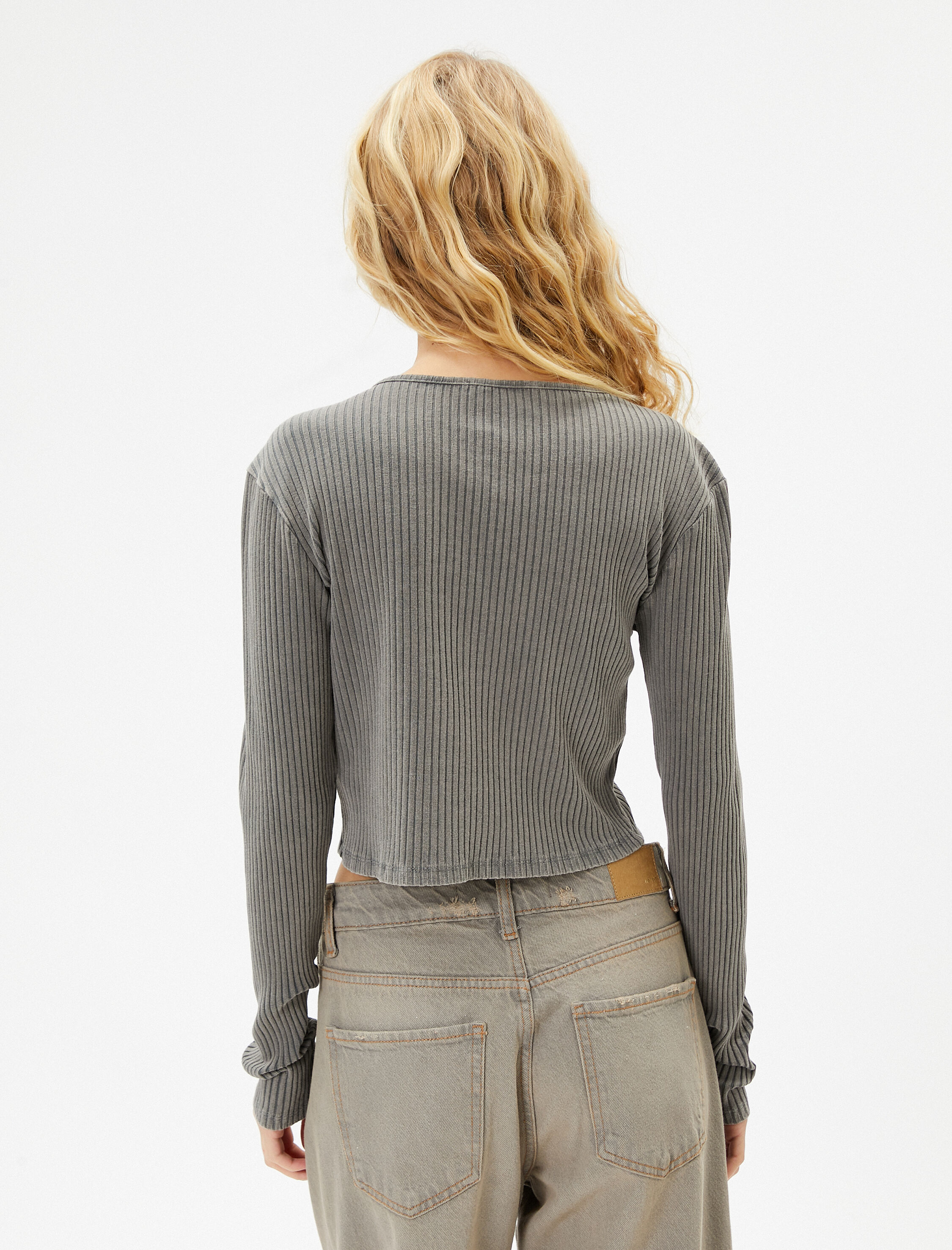   Basic Crop Tişört Soluk Efektli Uzun Kollu Bisiklet Yaka Kaşkorse Pamuklu Slim Fit