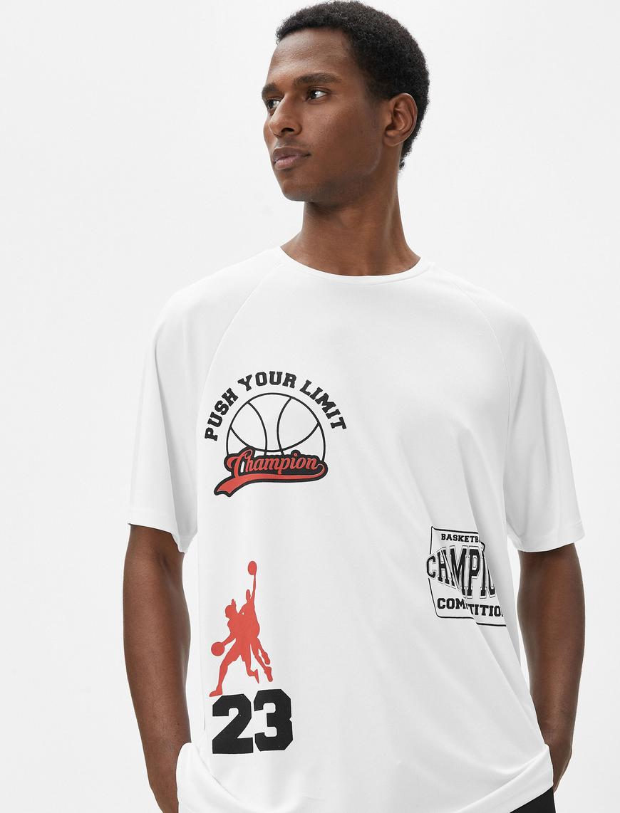   Oversize Spor Tişört Basketbol Baskılı Sloganlı Bisiklet Yaka