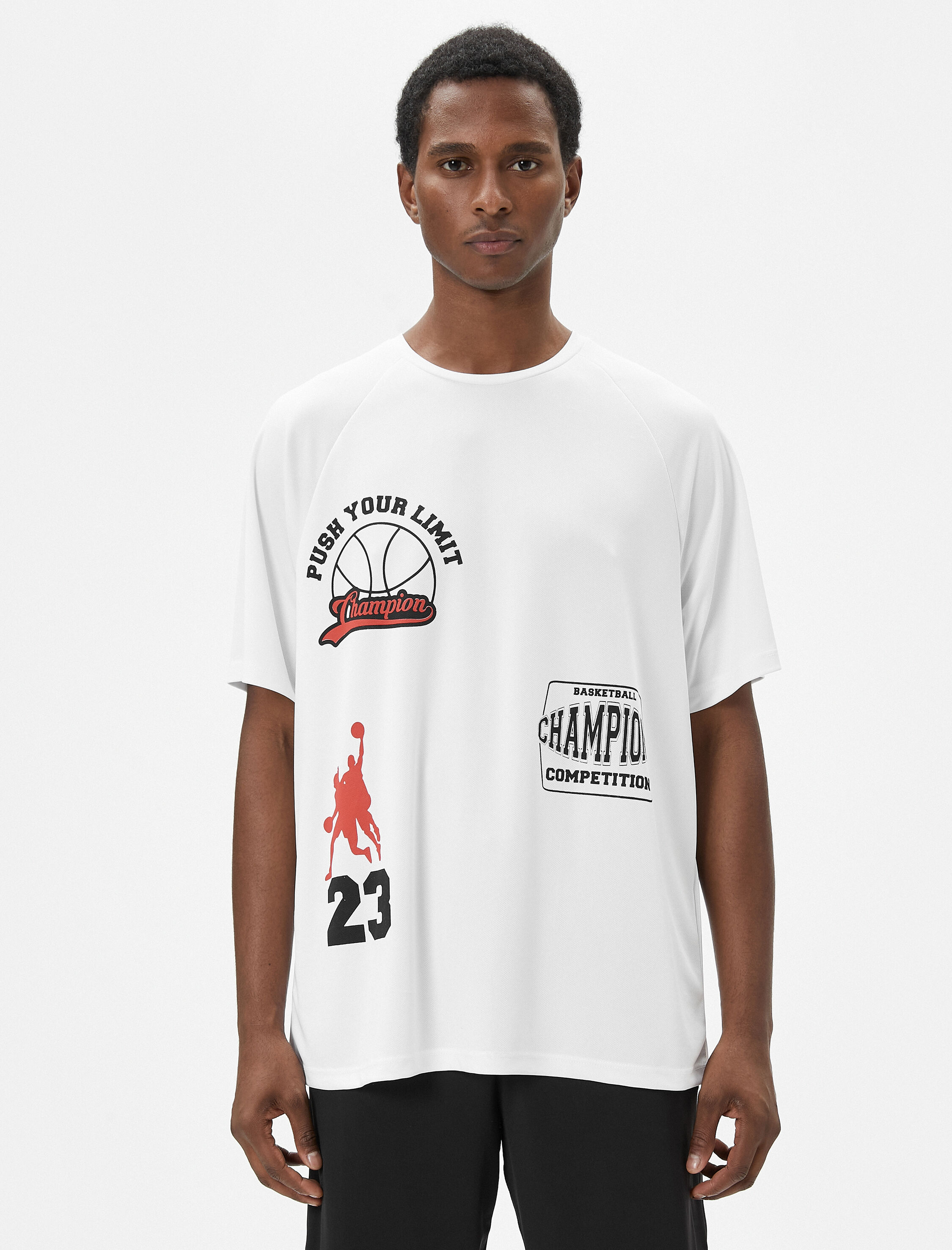   Oversize Spor Tişört Basketbol Baskılı Sloganlı Bisiklet Yaka