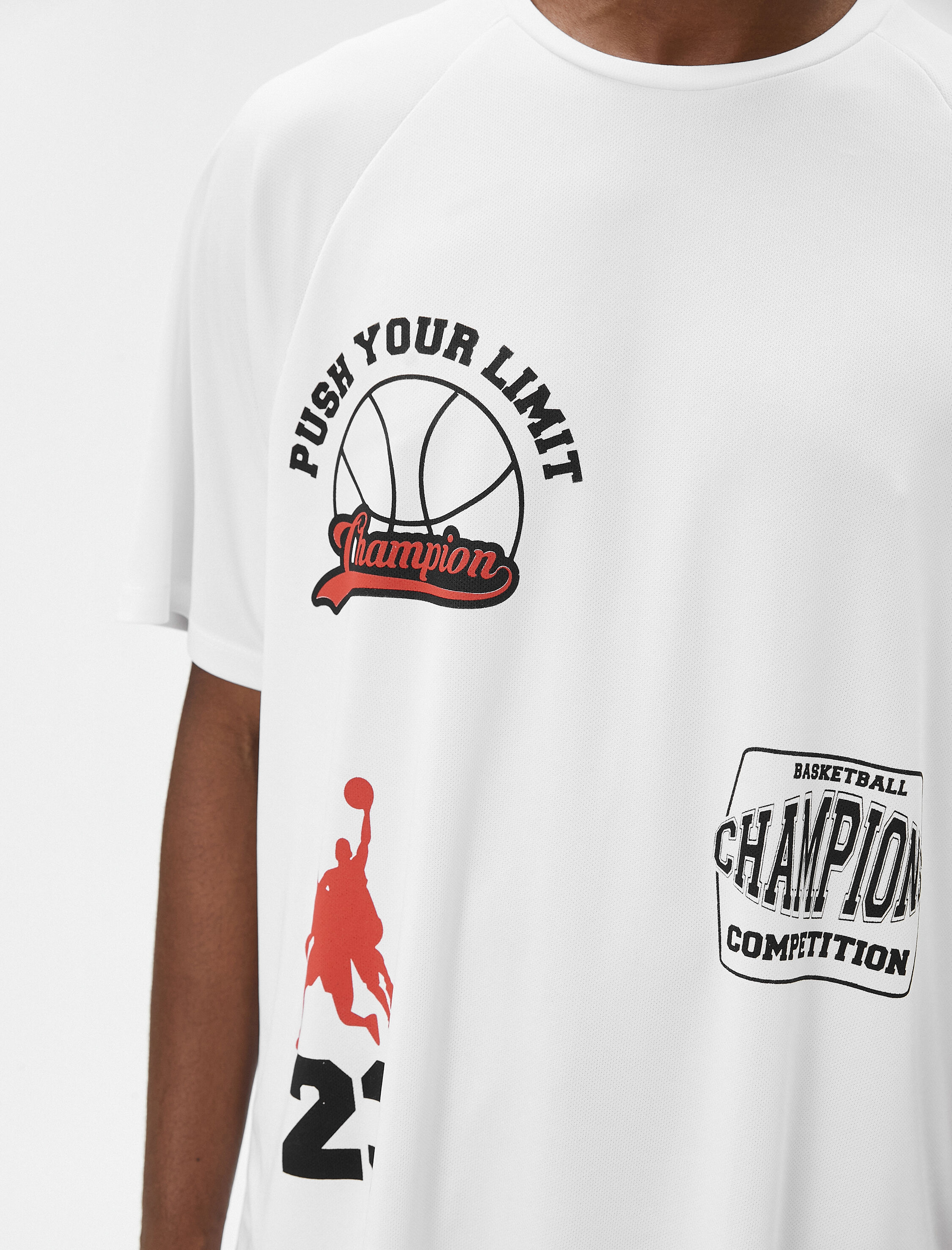   Oversize Spor Tişört Basketbol Baskılı Sloganlı Bisiklet Yaka