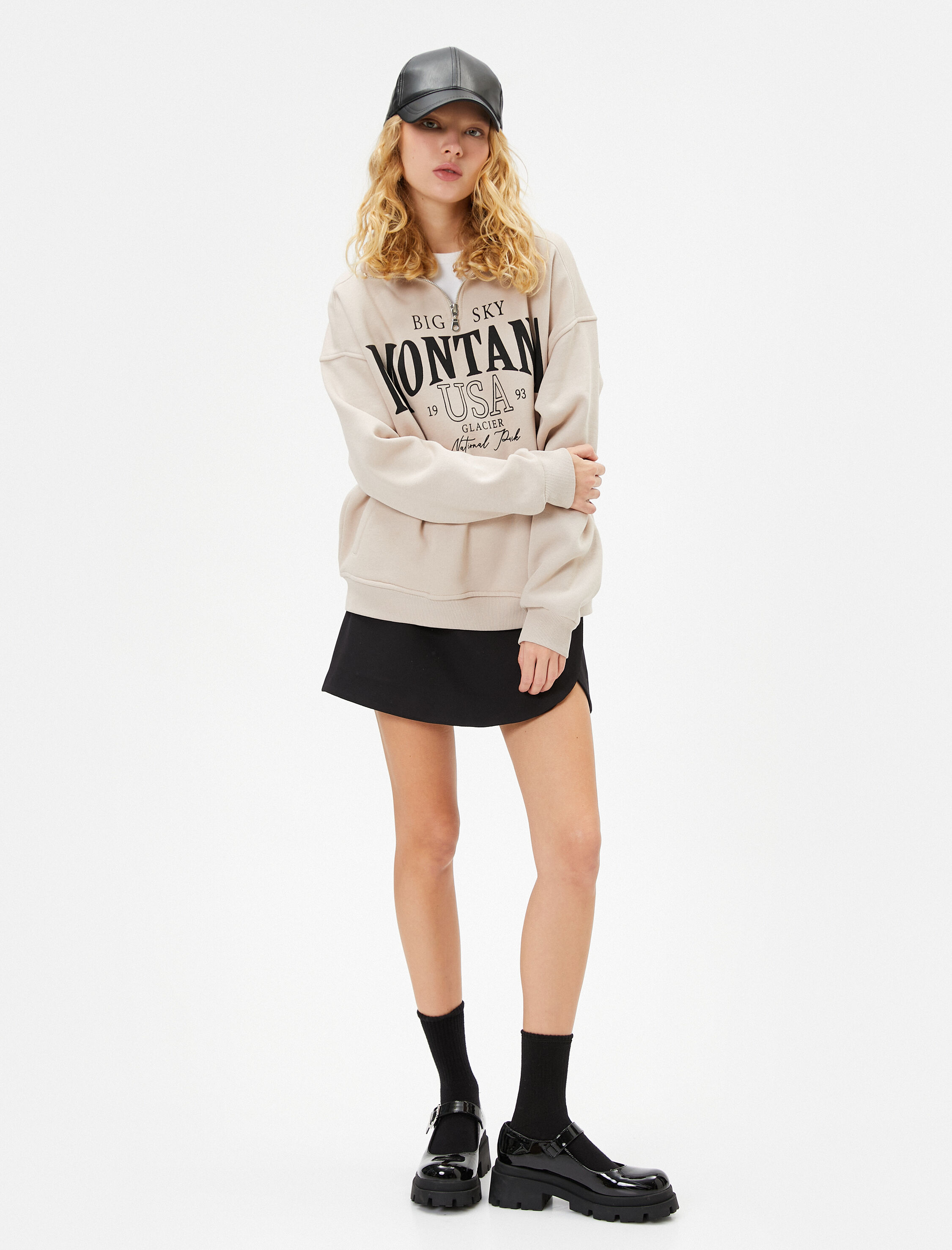   Şardonlu Yarım Fermuarlı Sweatshirt Rahat Kalıp Kolej Temalı Baskılı  Pamuk Karışımlı