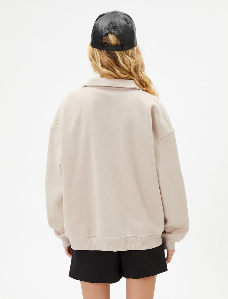   Şardonlu Yarım Fermuarlı Sweatshirt Rahat Kalıp Kolej Temalı Baskılı  Pamuk Karışımlı