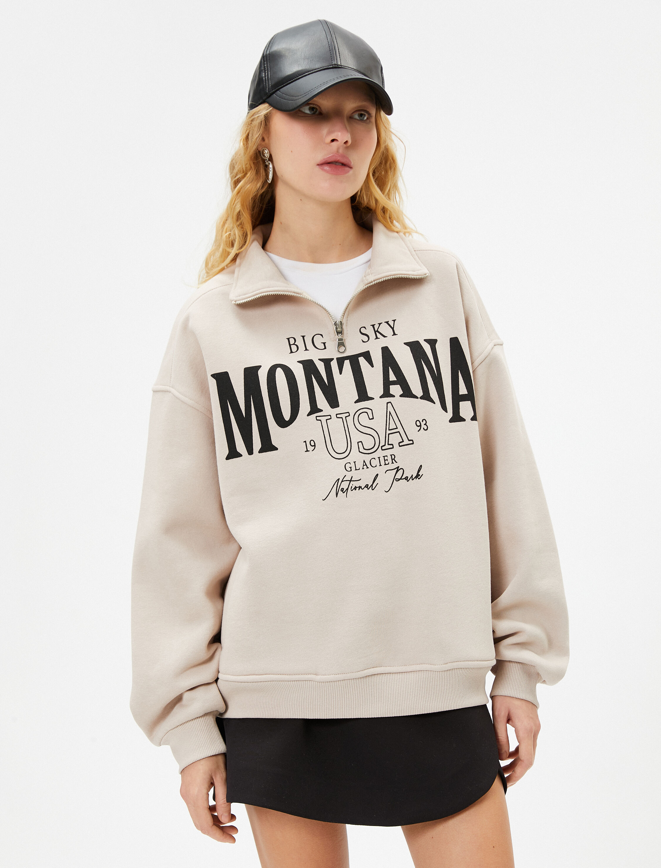   Şardonlu Yarım Fermuarlı Sweatshirt Rahat Kalıp Kolej Temalı Baskılı  Pamuk Karışımlı