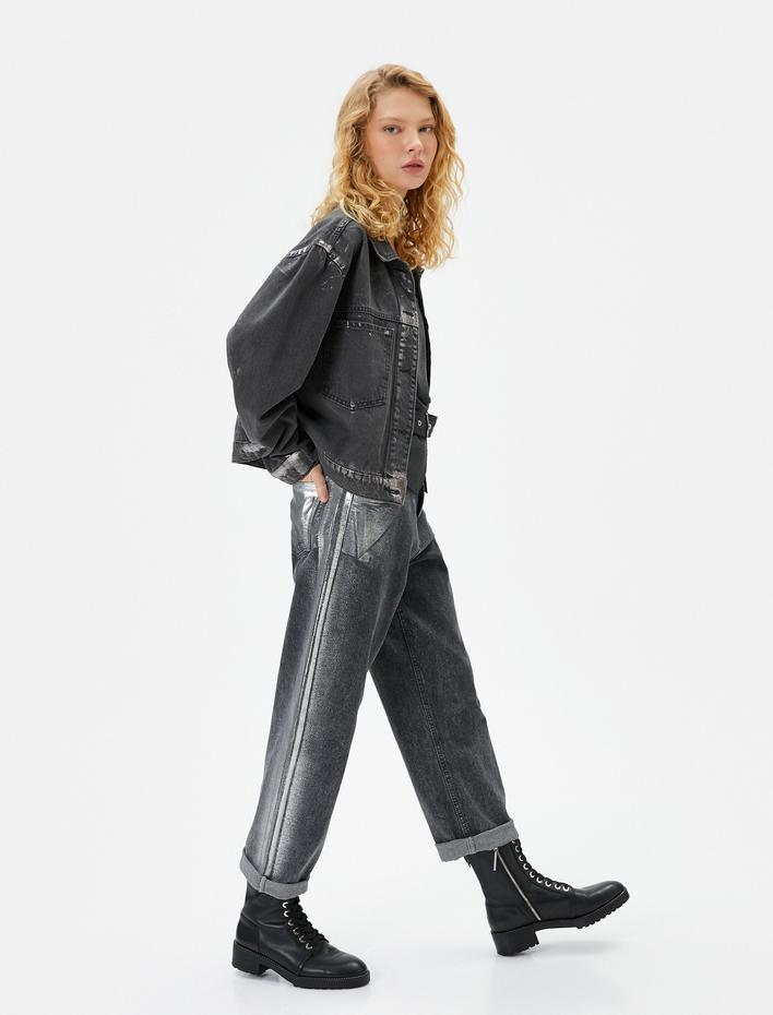  Parlak Varak Baskılı Straight Jean Kot Pantolon Katlamalı Düz Paça - Eve Jean