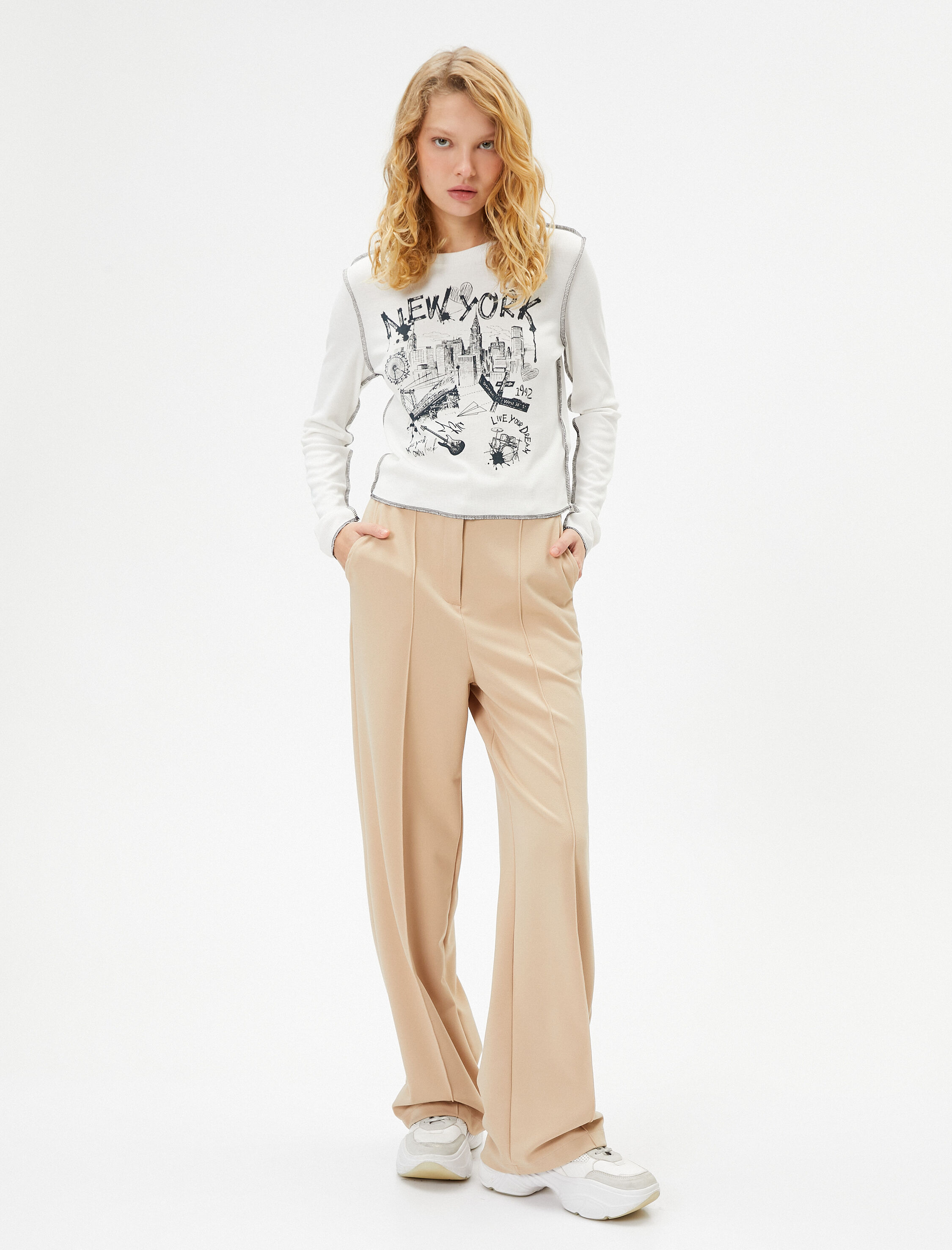   Uzun Kollu New York Tişört Baskılı Bisiklet Yaka Slim Fit Viskoz Kumaş Karışımlı