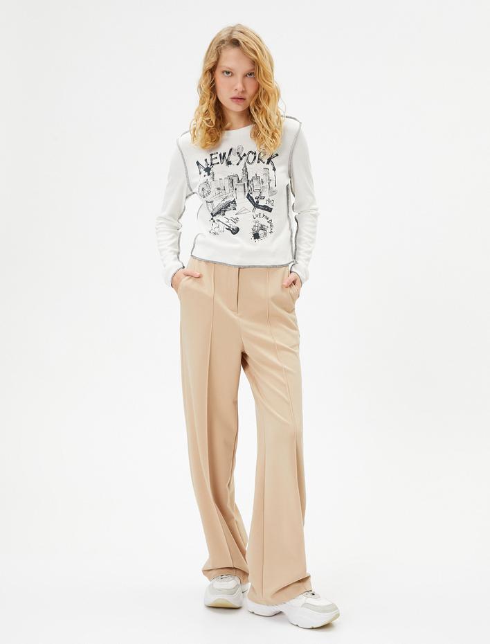  Uzun Kollu New York Tişört Baskılı Bisiklet Yaka Slim Fit Viskoz Kumaş Karışımlı