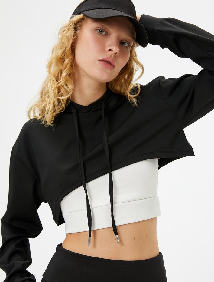  Crop Kapşonlu Sweatshirt Uzun Kolu Rahat Kalıp