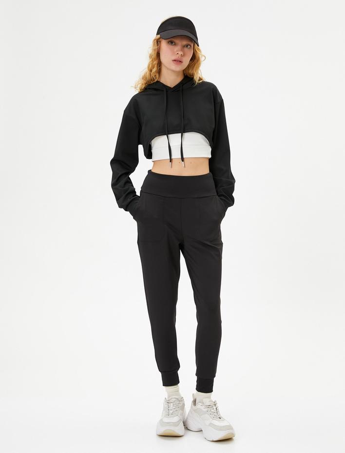  Crop Kapşonlu Sweatshirt Uzun Kolu Rahat Kalıp