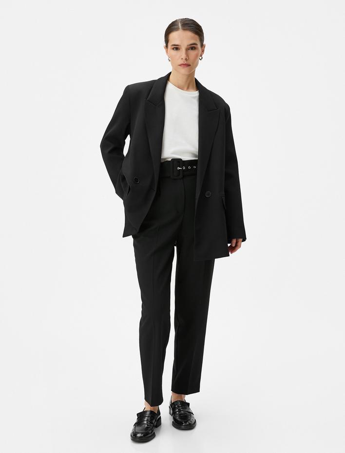  Kumaş Pantolon Yüksek Bel Kemerli Cepli