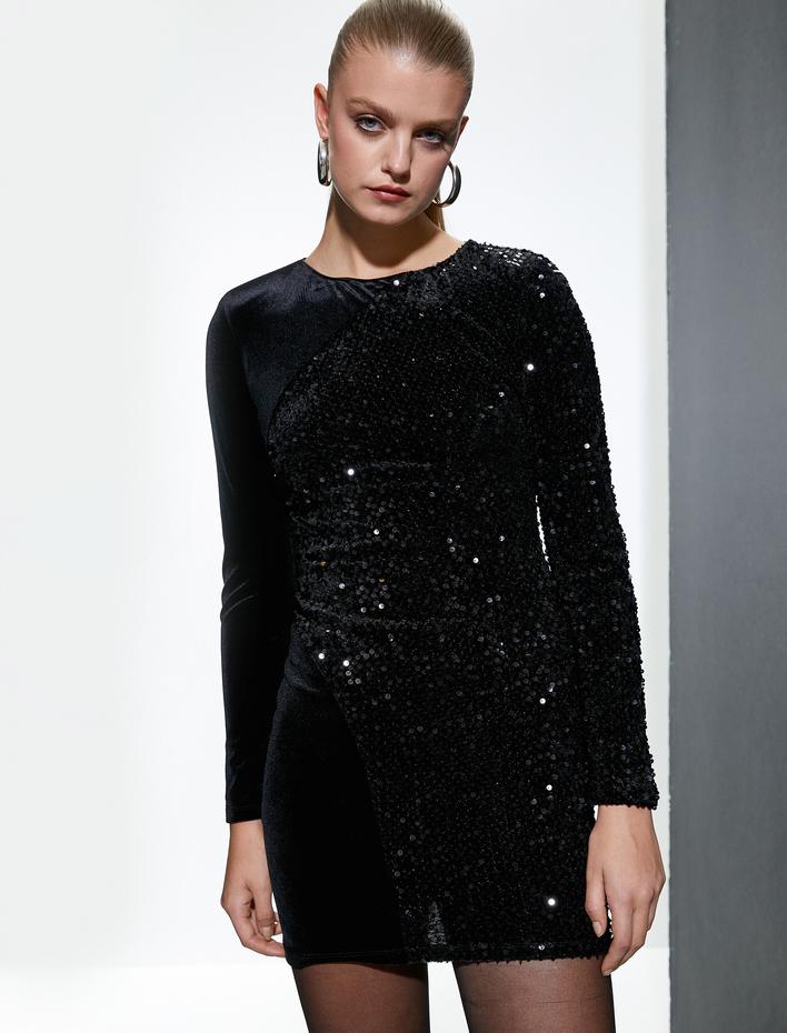  Payetli Kadife Elbise Uzun Kollu Mini Boy Astarlı Slim Fit