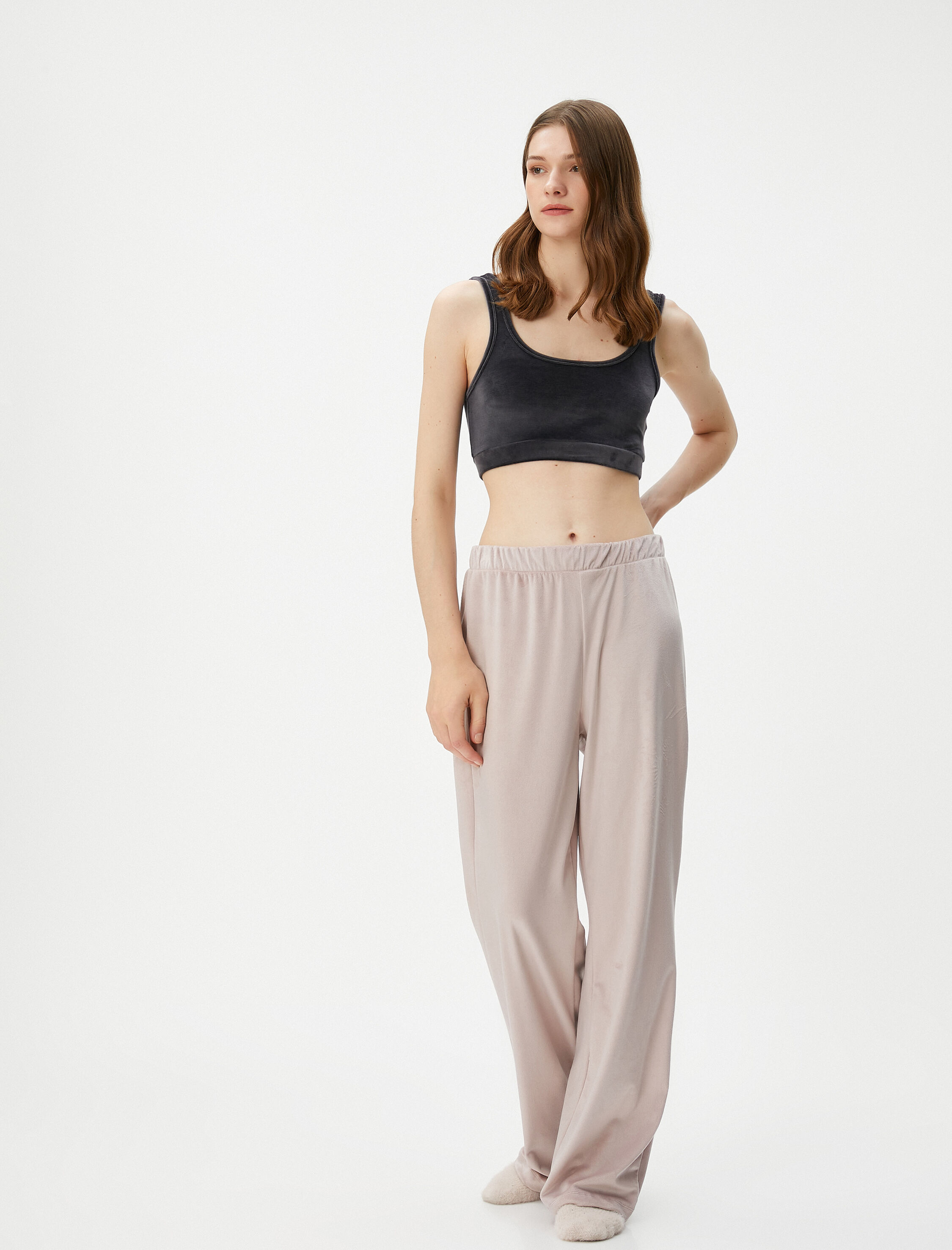   Kadife Pijama Üstü Crop U Yaka Yumuşak Dokulu