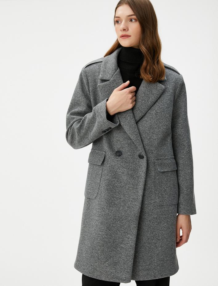  Kruvaze Kaşe Kaban Düğmeli Kapaklı Cepli