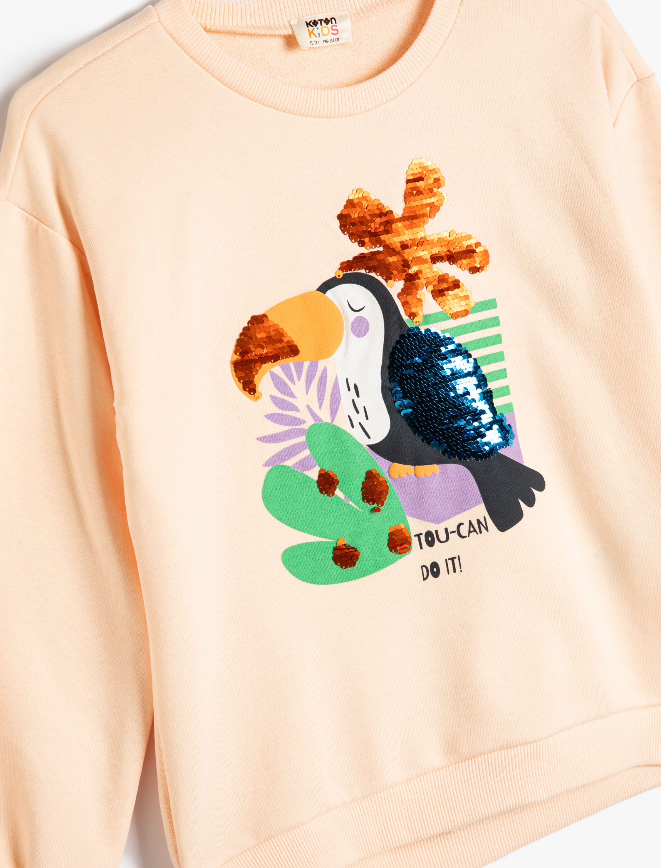  Kız Çocuk Sweatshirt Pullu Payetli Uzun Kollu Bisiklet Yaka Pamuklu