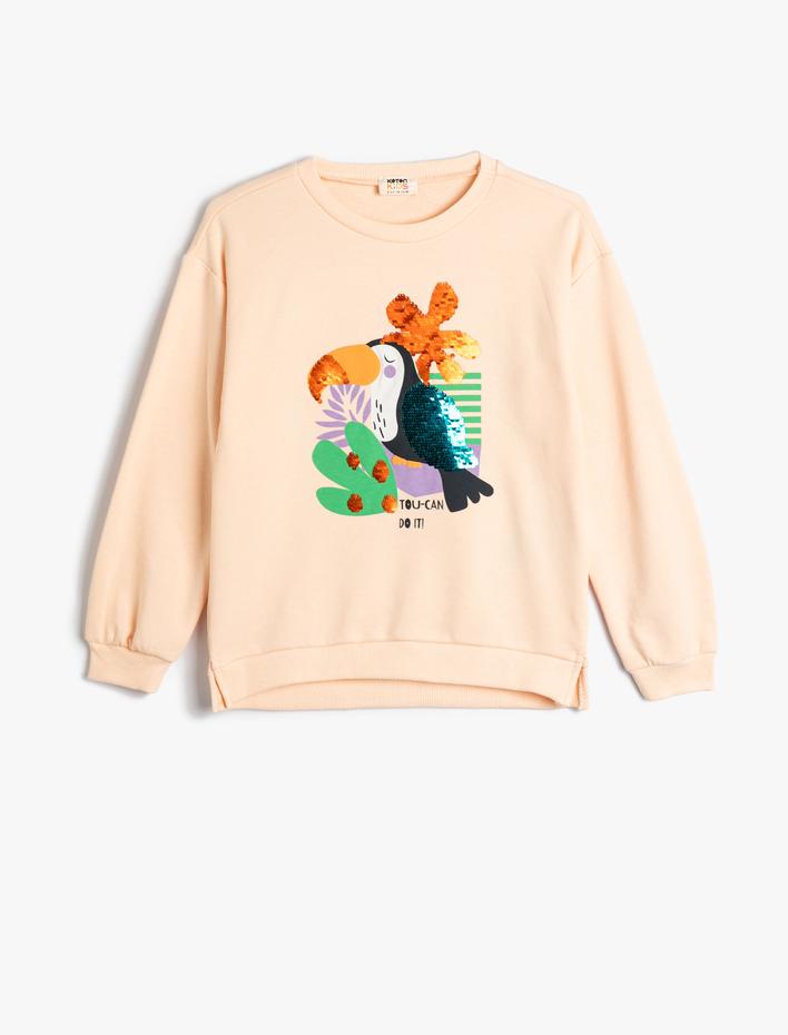 Kız Çocuk Sweatshirt Pullu Payetli Uzun Kollu Bisiklet Yaka Pamuklu