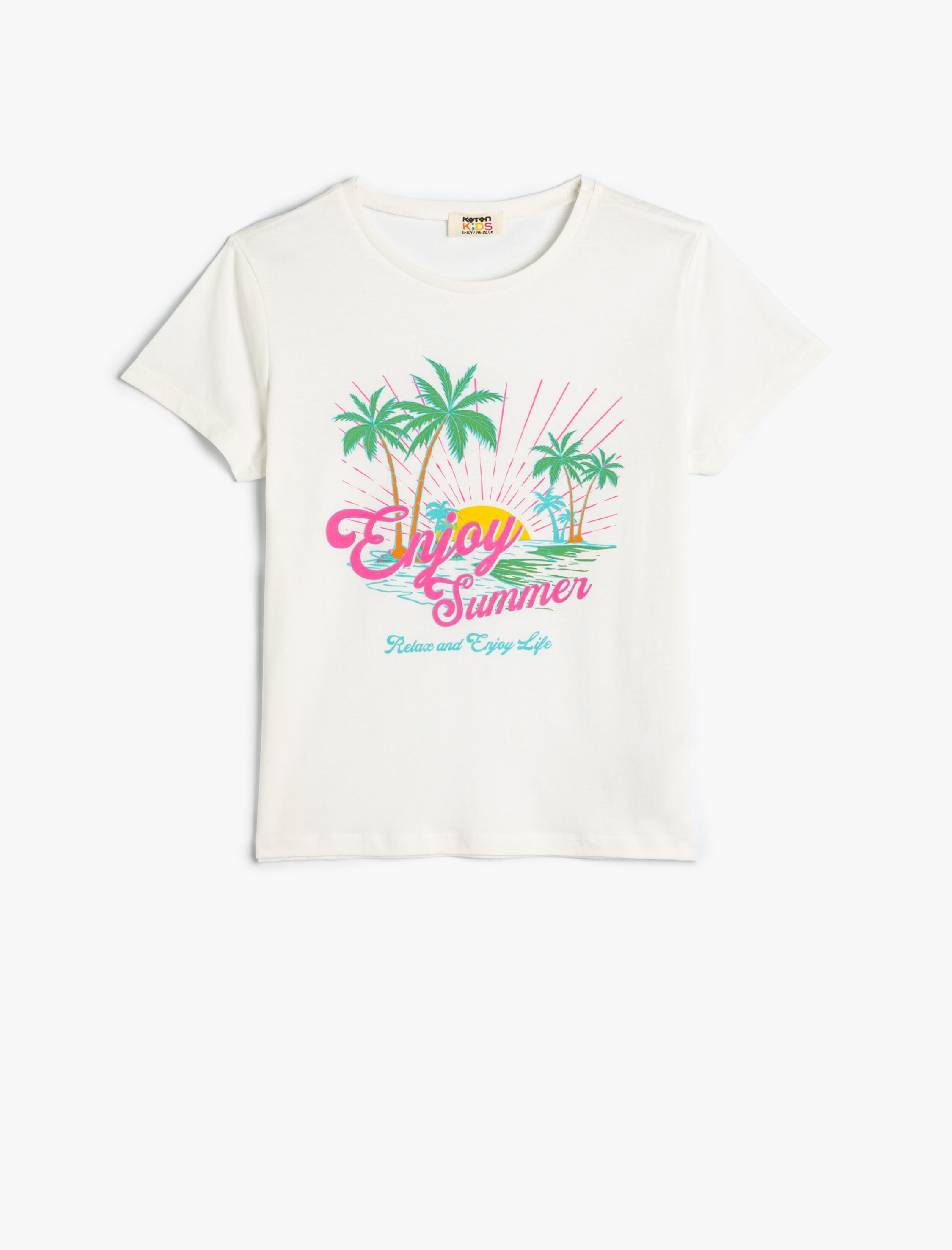  Kız Çocuk Tişört Yaz Temalı Kısa Kollu Bisiklet Yaka Pamuklu