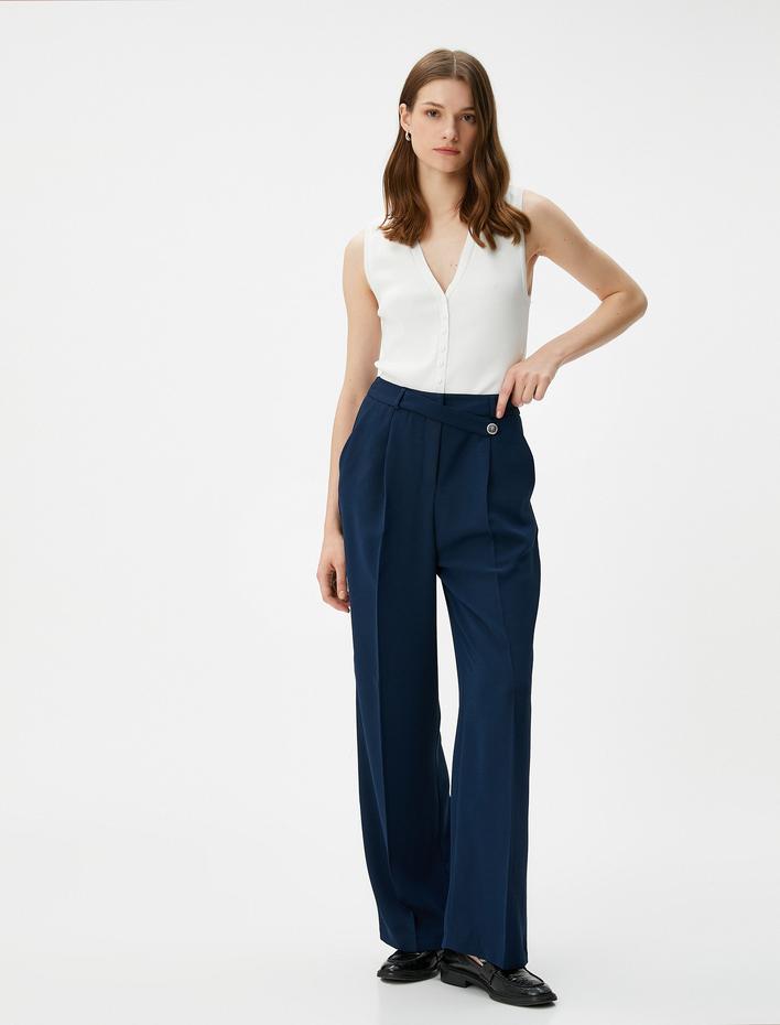  Palazzo Pantolon Yüksek Bel Düz Paça Düğmeli