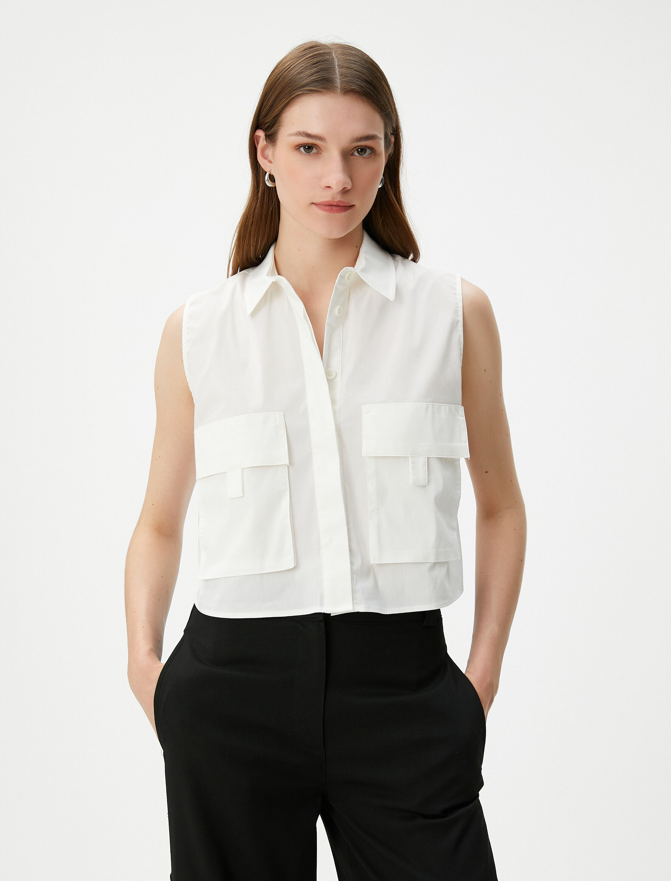   Crop Gömlek Kargo Cepli Kolsuz Düğmeli