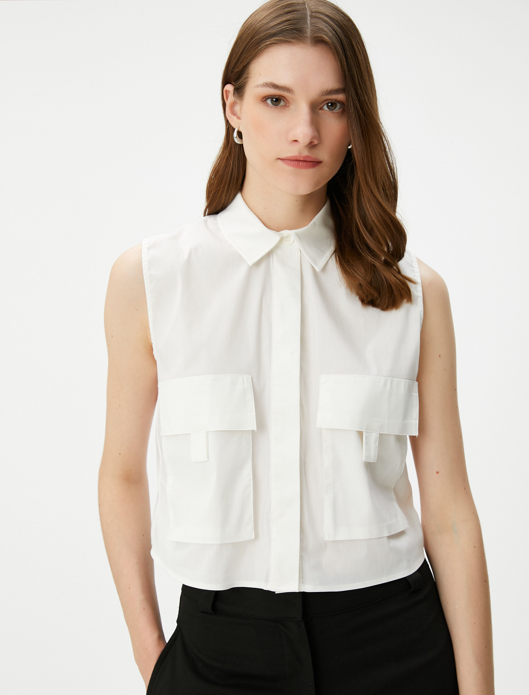   Crop Gömlek Kargo Cepli Kolsuz Düğmeli