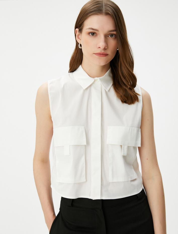  Crop Gömlek Kargo Cepli Kolsuz Düğmeli