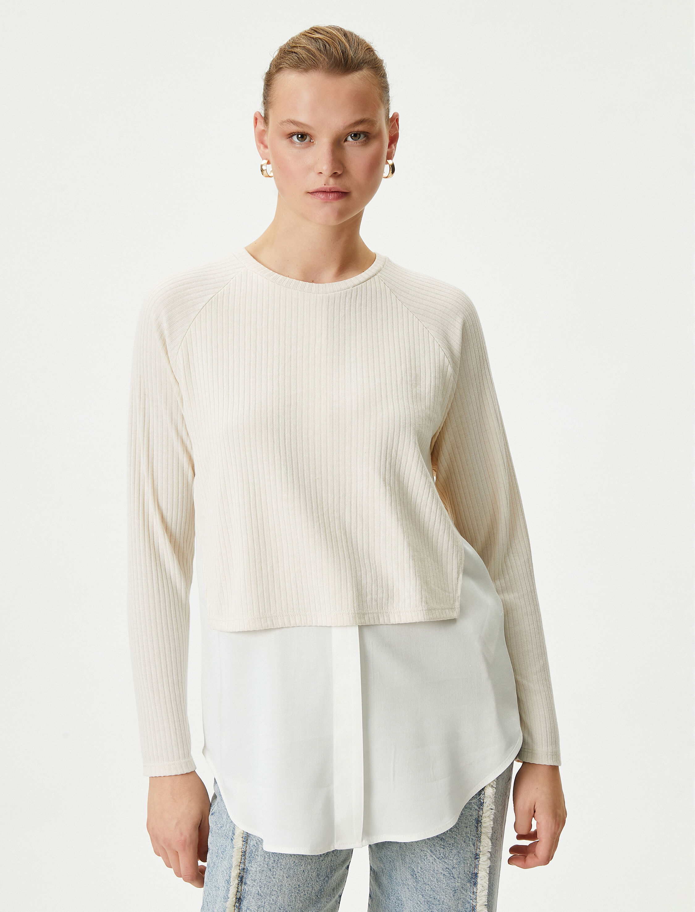   Çift Parça Görünümlü Bluz Uzun Kollu Bisiklet Yaka