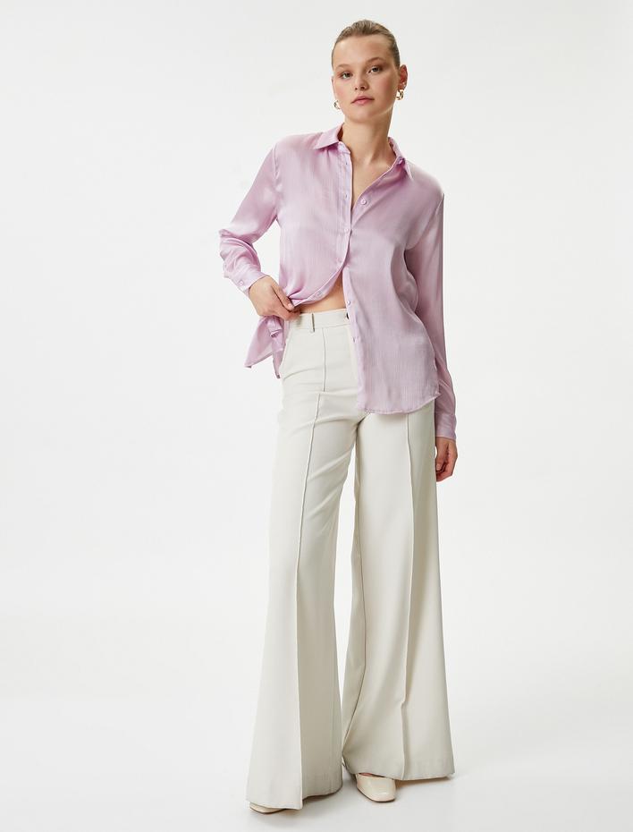  Saten Gömlek Dokulu Düğmeli Uzun Kollu