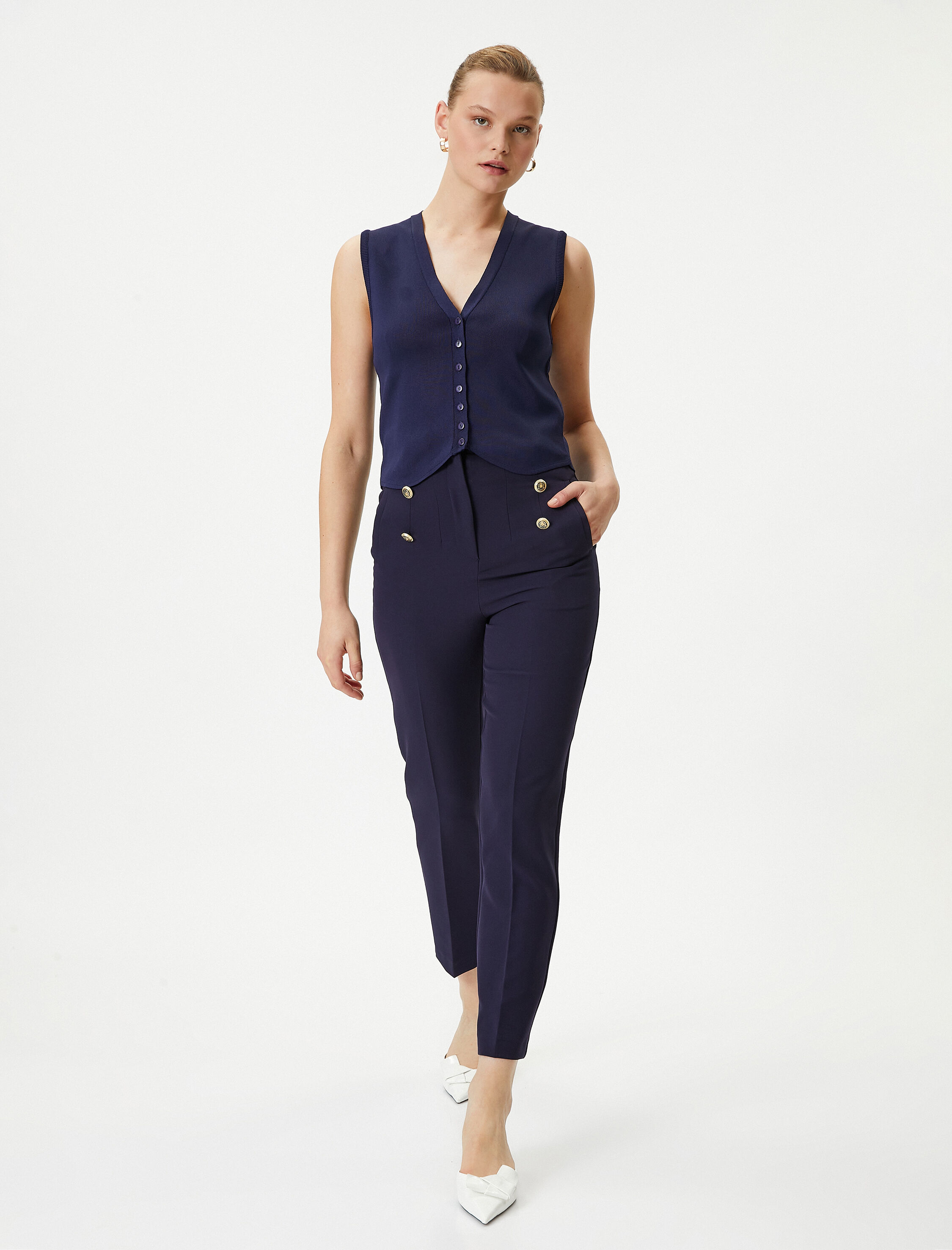   Kumaş Cigarette Pantolon Gold Düğmeli Cepli Normal Bel