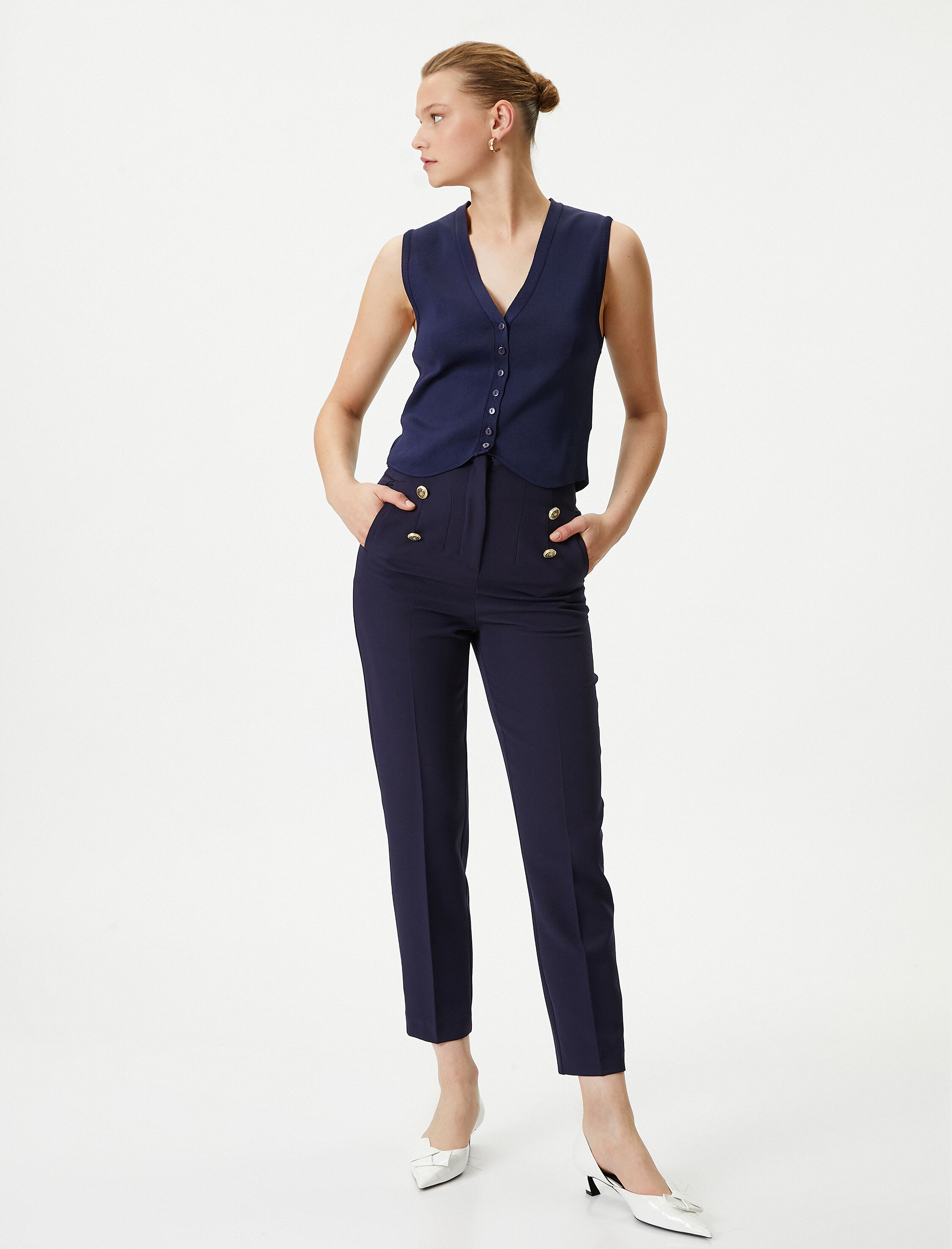   Kumaş Cigarette Pantolon Gold Düğmeli Cepli Normal Bel