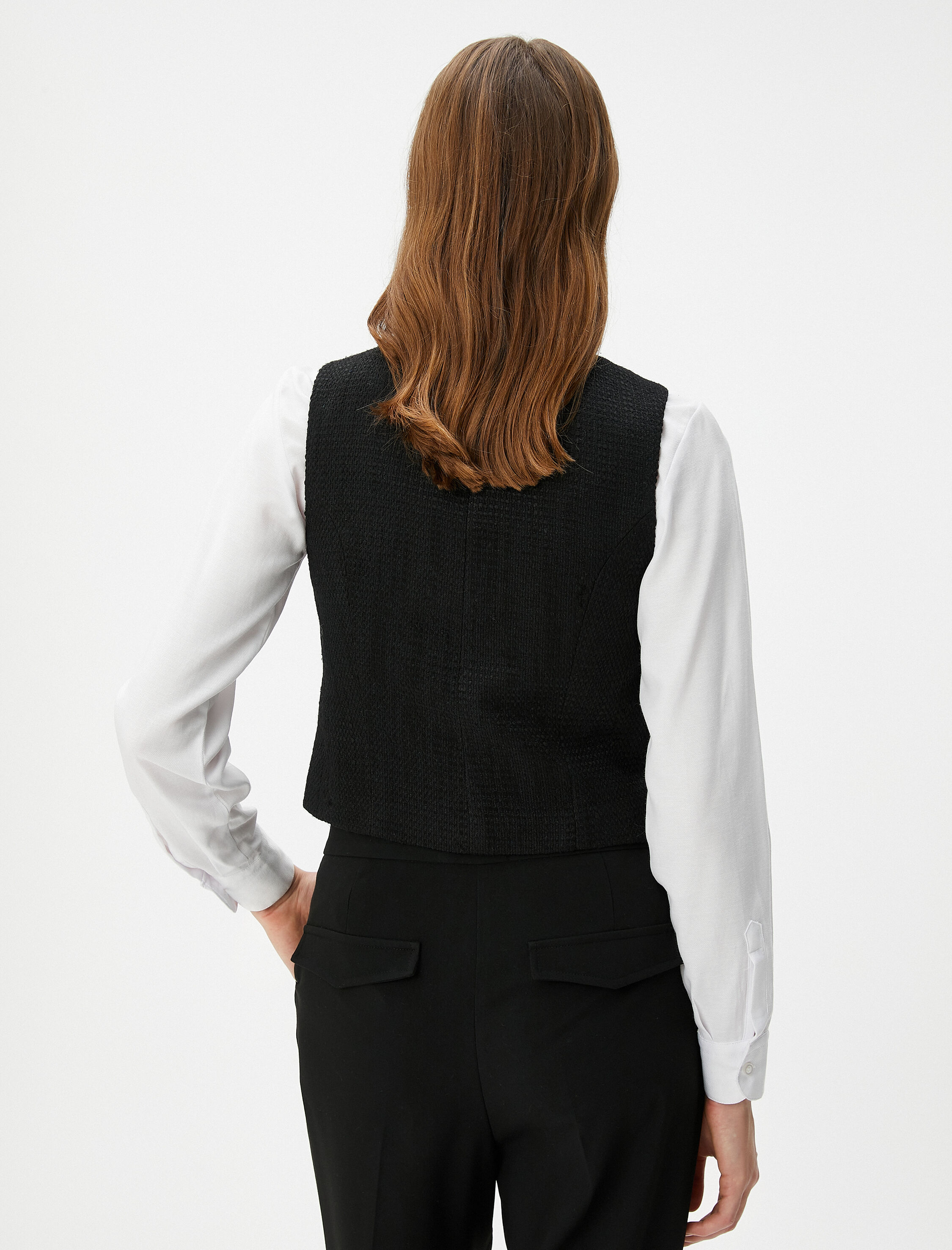   Tüvit Yelek Düğmeli Kare Yaka Cepli