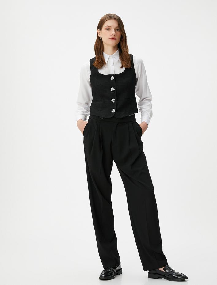  Tüvit Yelek Düğmeli Kare Yaka Cepli