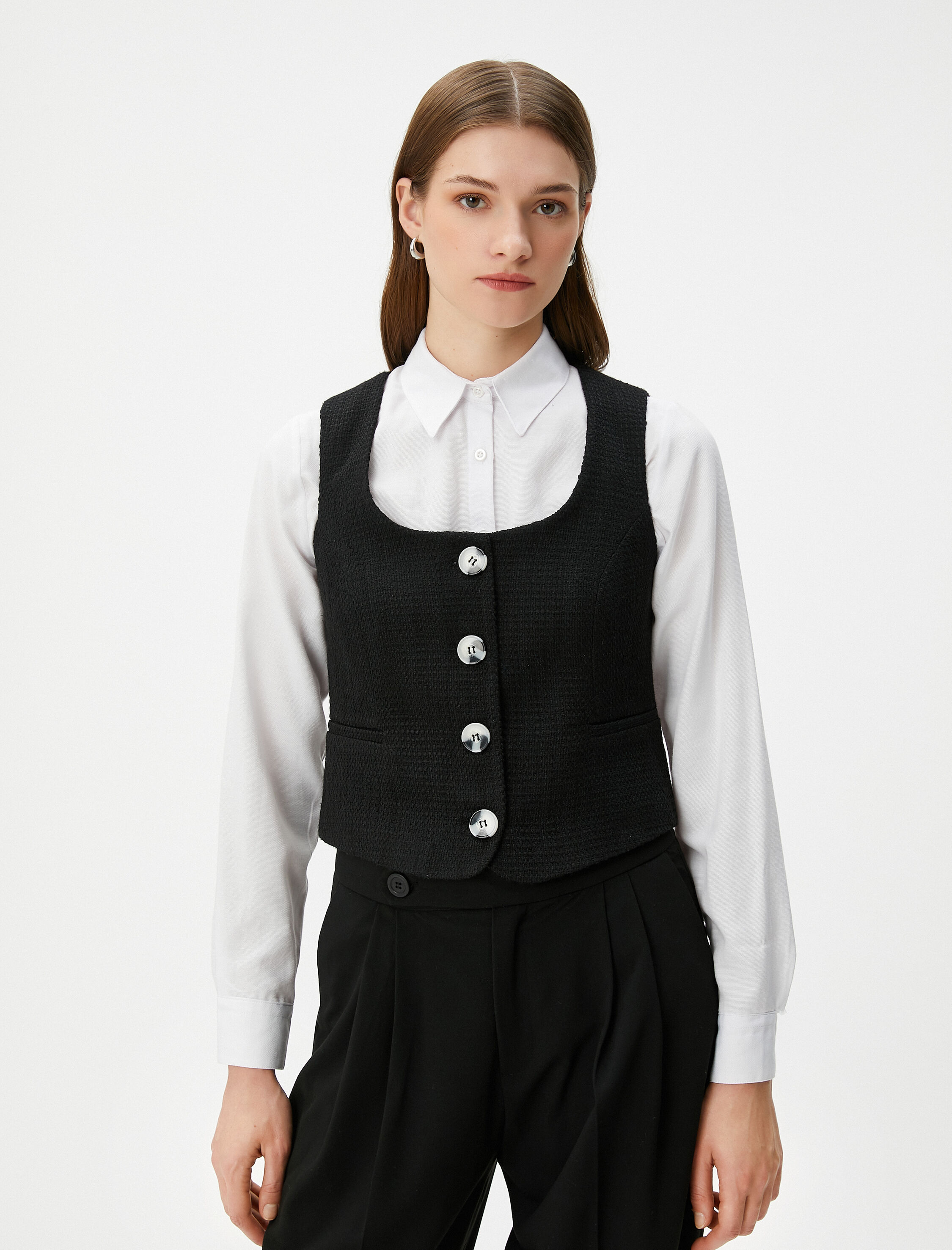   Tüvit Yelek Düğmeli Kare Yaka Cepli