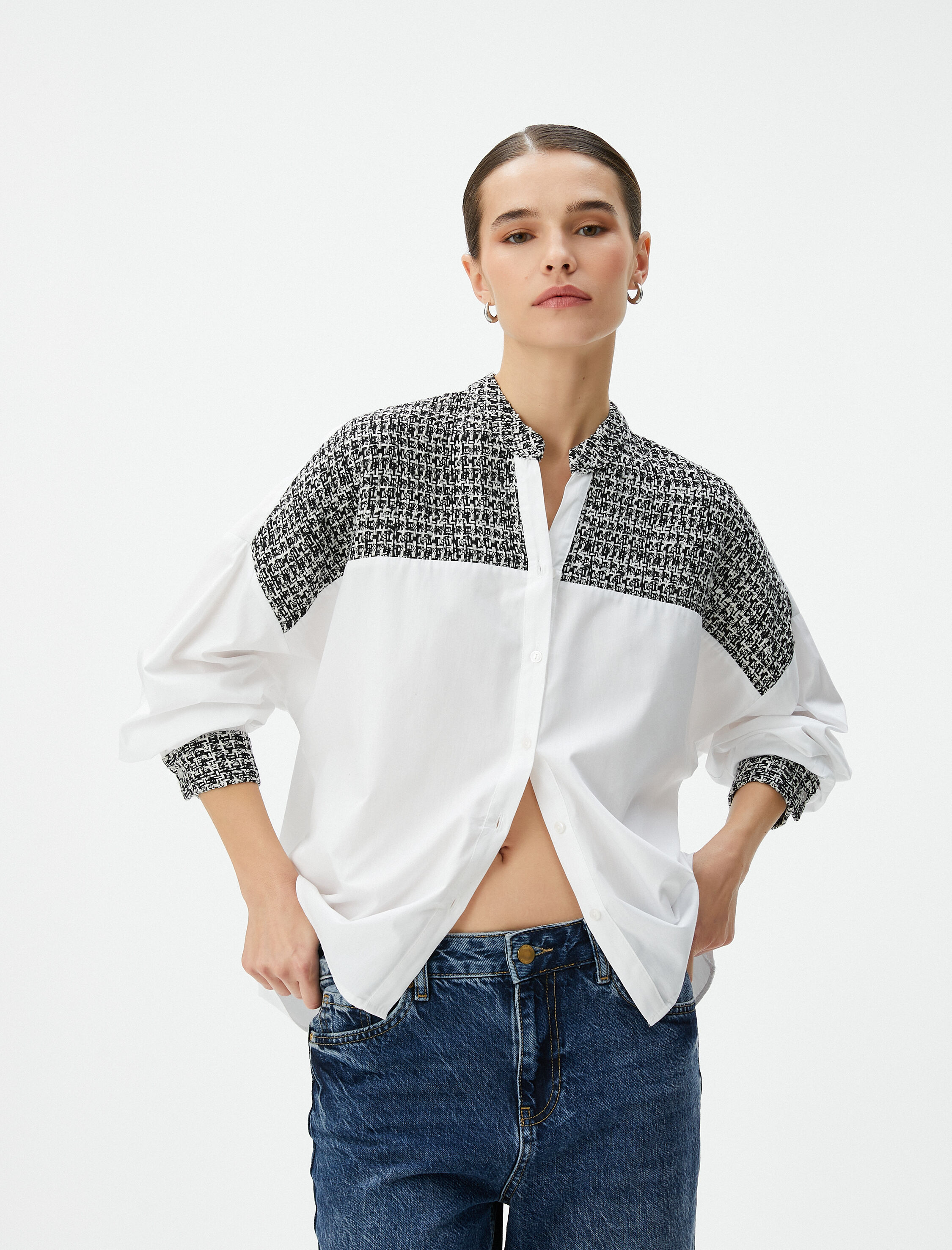   Uzun Kollu Poplin Gömlek Tüvit Detaylı Hakim Yaka Düğmeli Pamuklu