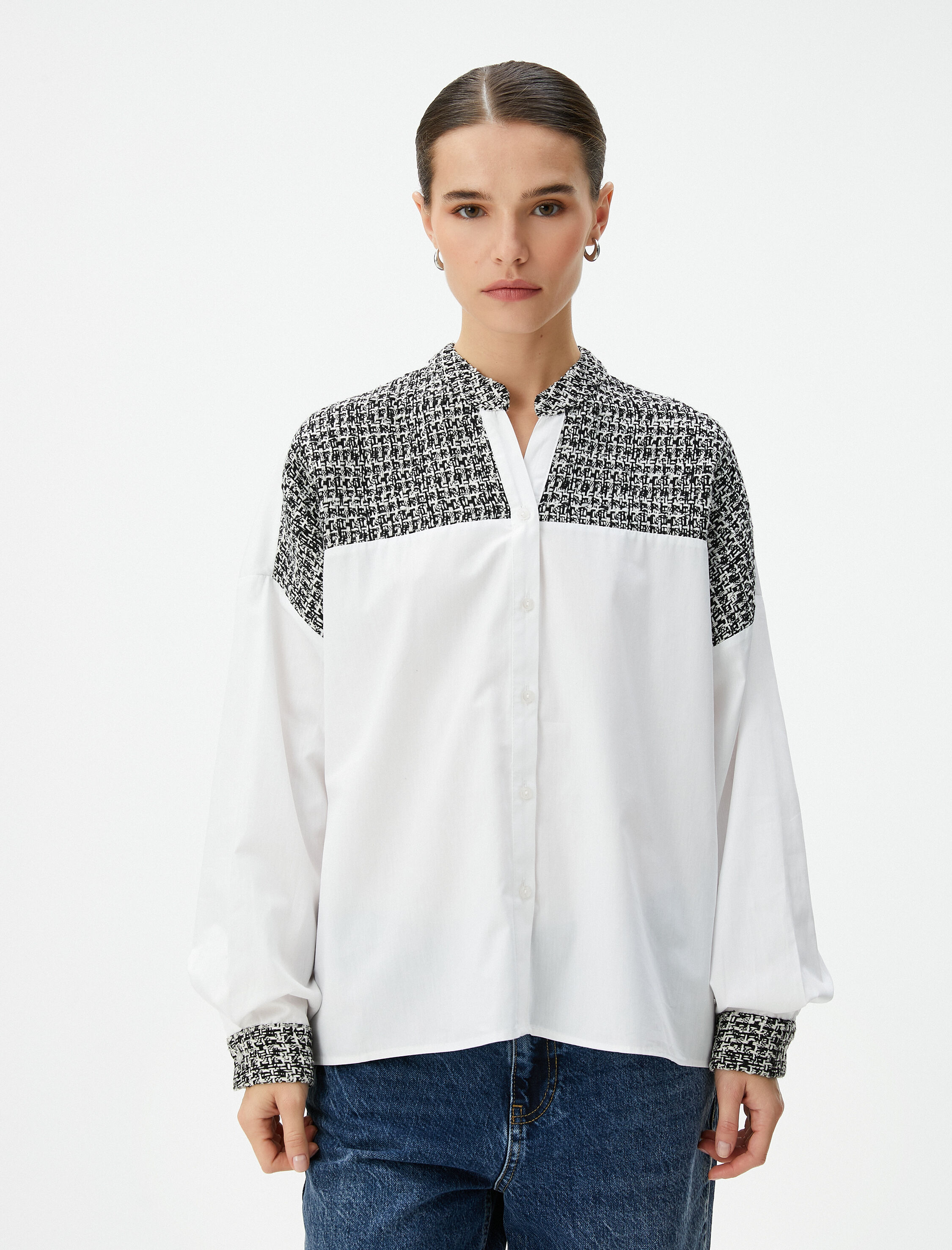   Uzun Kollu Poplin Gömlek Tüvit Detaylı Hakim Yaka Düğmeli Pamuklu