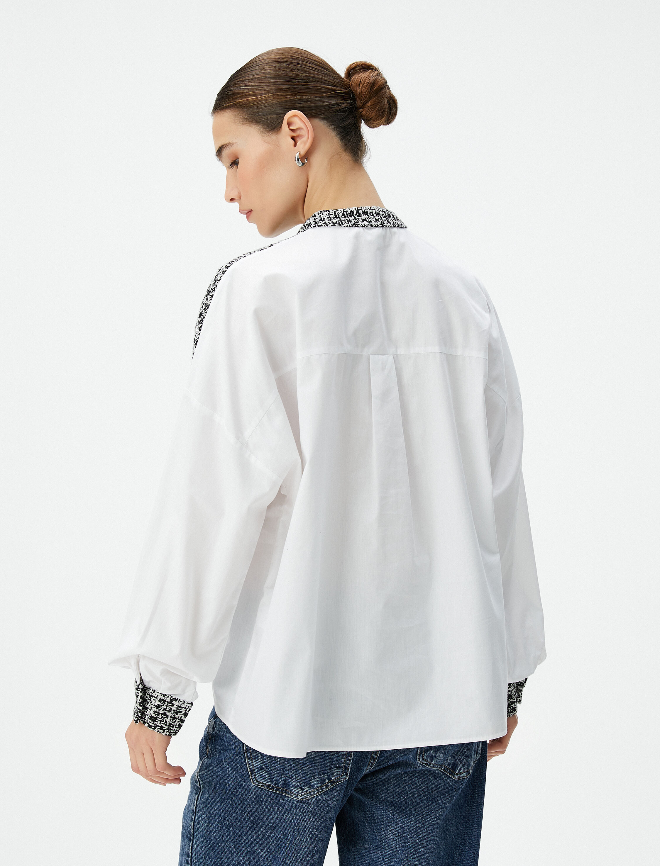   Uzun Kollu Poplin Gömlek Tüvit Detaylı Hakim Yaka Düğmeli Pamuklu