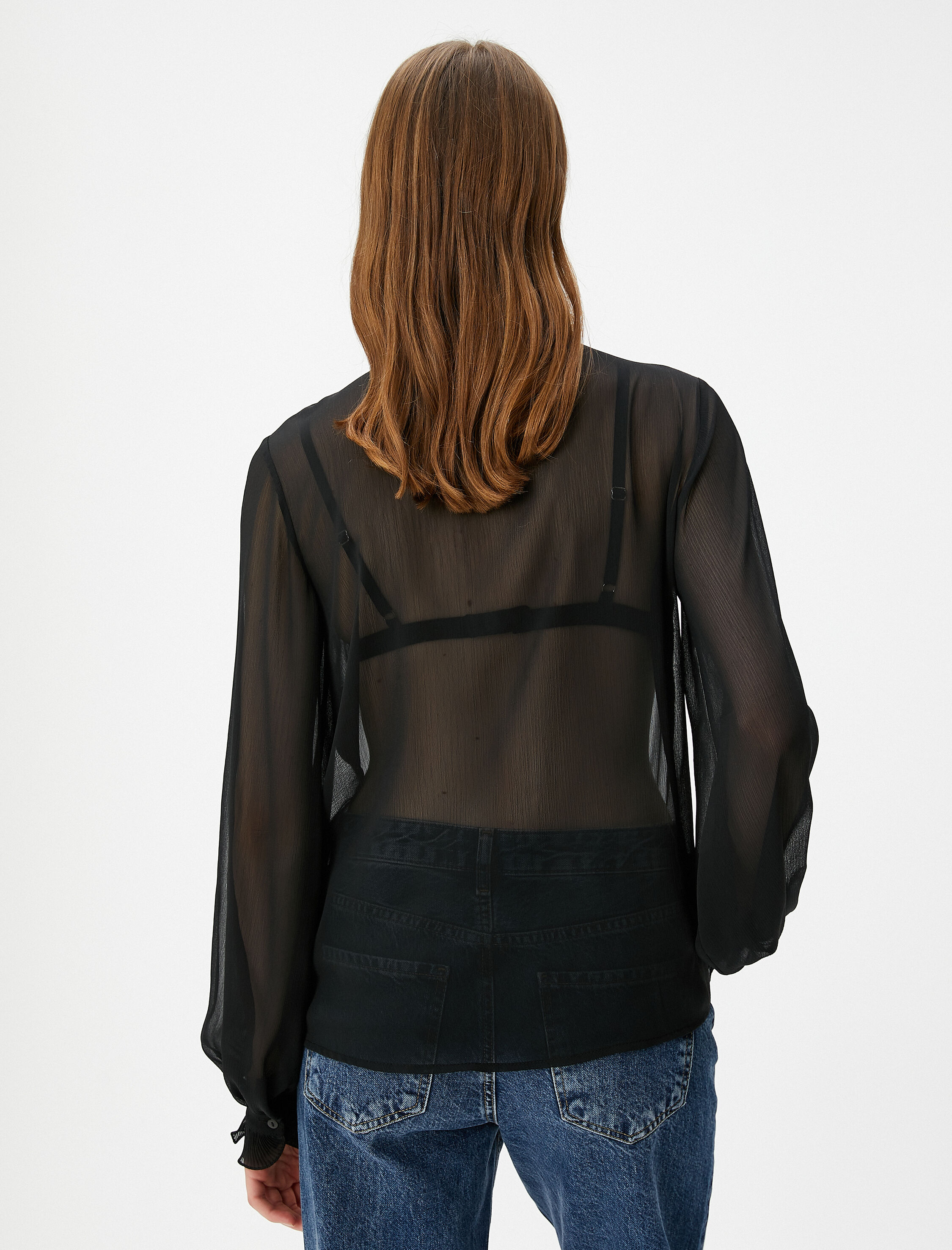   Transparan Gömlek Balon Kollu Fırfırlı Dik Yaka