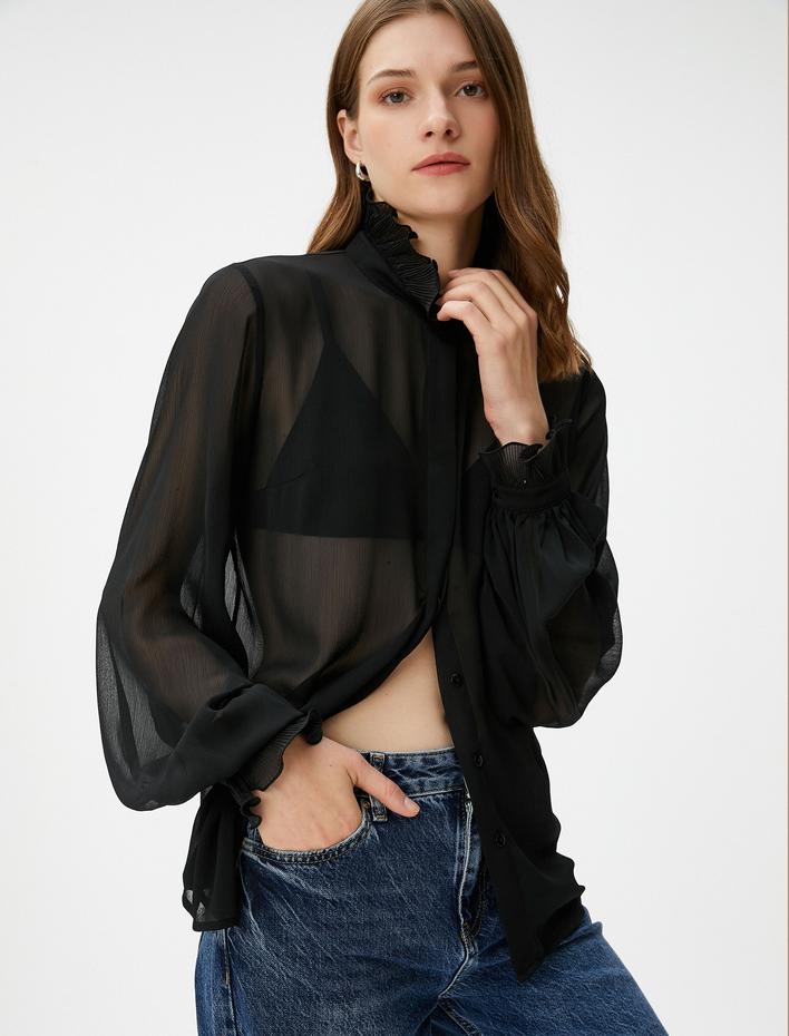  Transparan Gömlek Balon Kollu Fırfırlı Dik Yaka